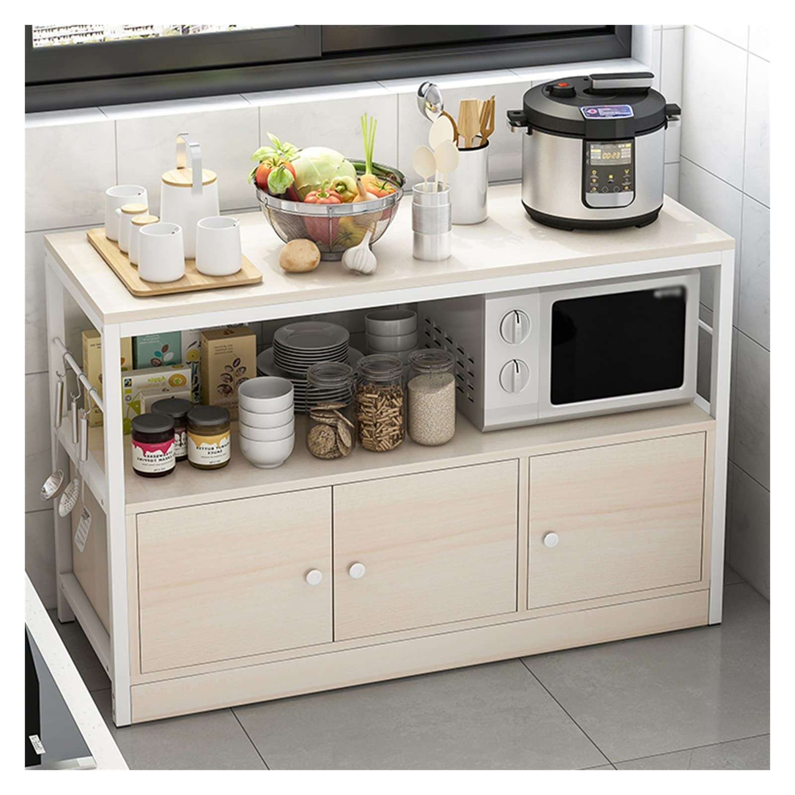 LYWY 6-Tier Kitchen Storage Organizer Rack with Wood Table - Metal Baker's Rack, Coffee Station & Bar Storage Shelf (White, 120CM) - Perfect for Small Kitchens, Pantry Organization & Home Decor