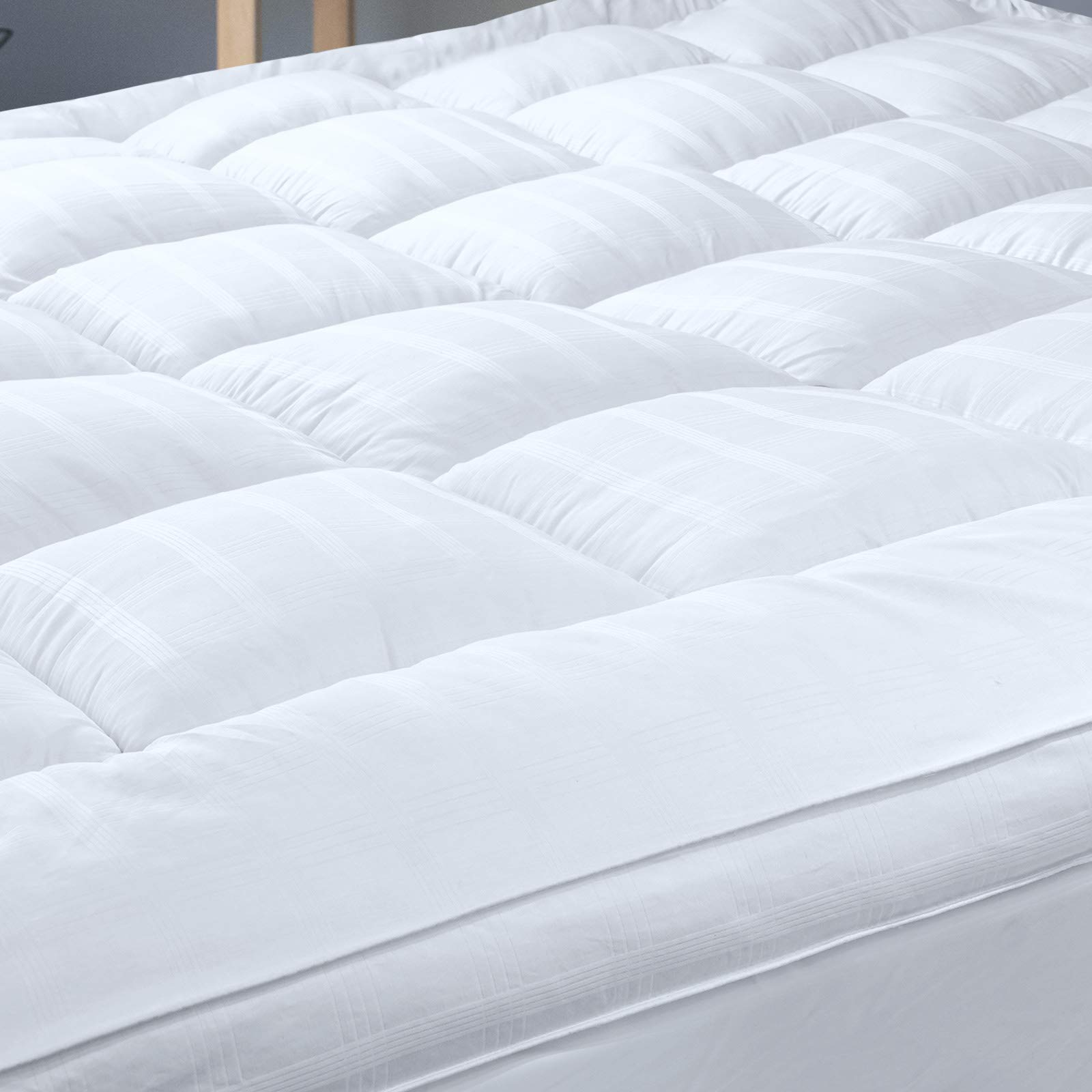 Extra Thick Mattress Topper for Double Bed - 100% Cotton Cover, Soft & Breathable with Elastic Corner Straps - Baffle Box Stitched for Even Filling - Machine Washable - Perfect for Back Pain Relief & Enhanced Comfort in Guest Rooms, Dorms, or Home Use