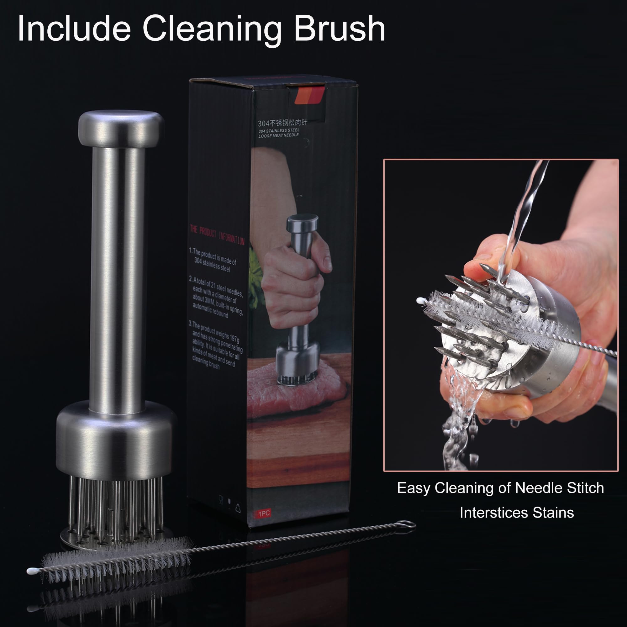 Premium Stainless Steel Meat Tenderizer Tool with 21 Sharp Needles - Perfect for Steak, Beef, Chicken & Pork - BBQ & Marinating Essential - Compact Meat Grinder for Home Kitchen & Outdoor Cooking