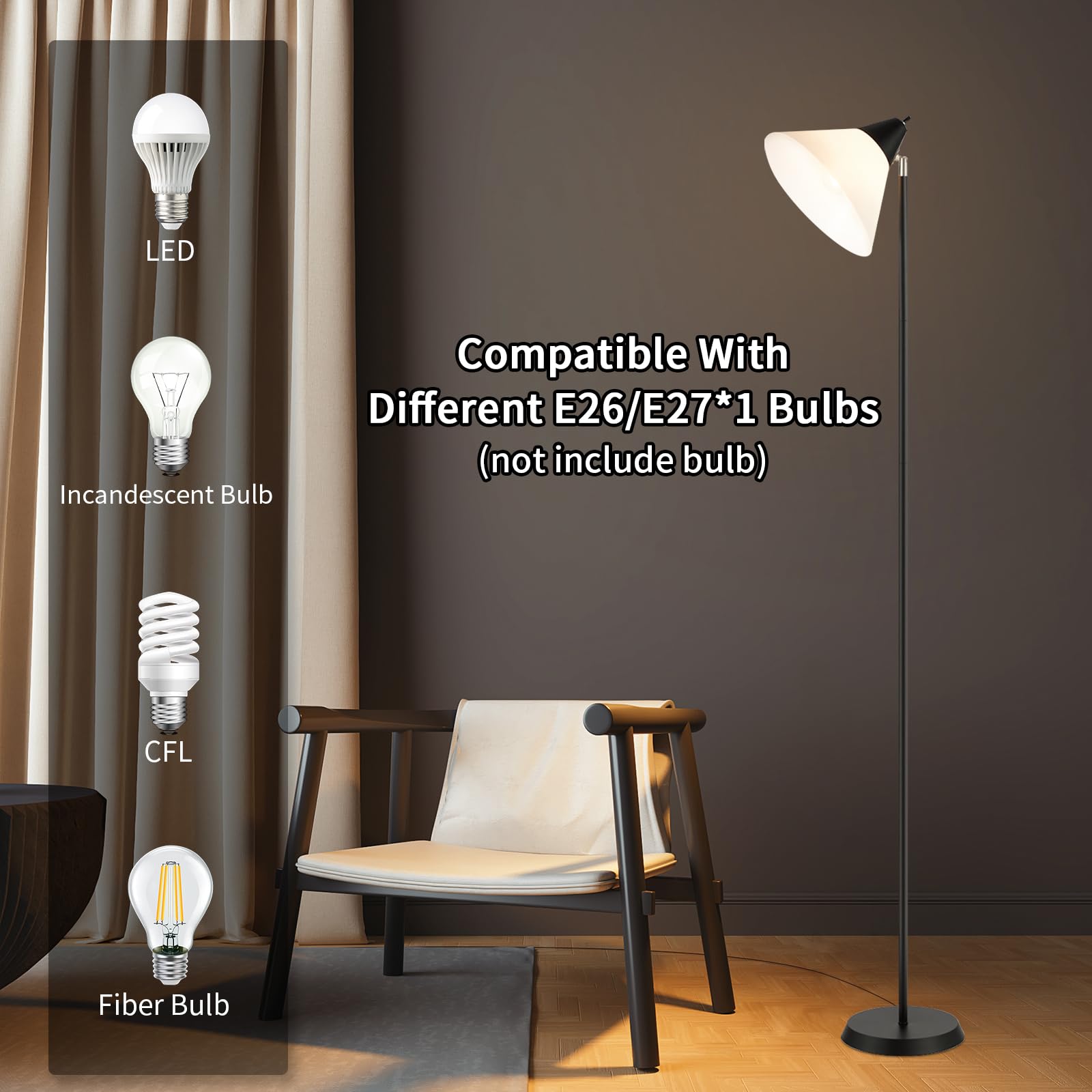 HonoDing Adjustable Floor Lamp with Acrylic Shade - Modern Standing Light for Living Room, Bedroom & Office - Black (Ideal for Reading, Working & Ambient Lighting)