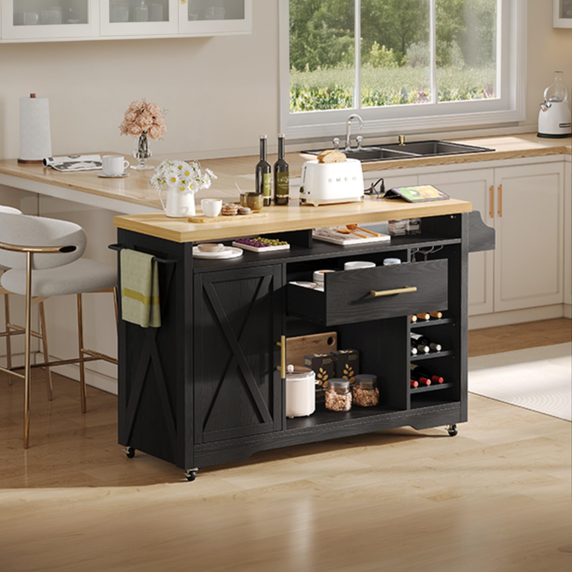 **YITAHOME 50-Inch Wide Black Kitchen Island with Power Outlet, Rolling Kitchen Cart with Wine Rack & Spice Rack, Mobile Storage Island with Glass Holder, Wheels for Easy Mobility – Perfect for Living Room, Kitchen, or Dining Area**