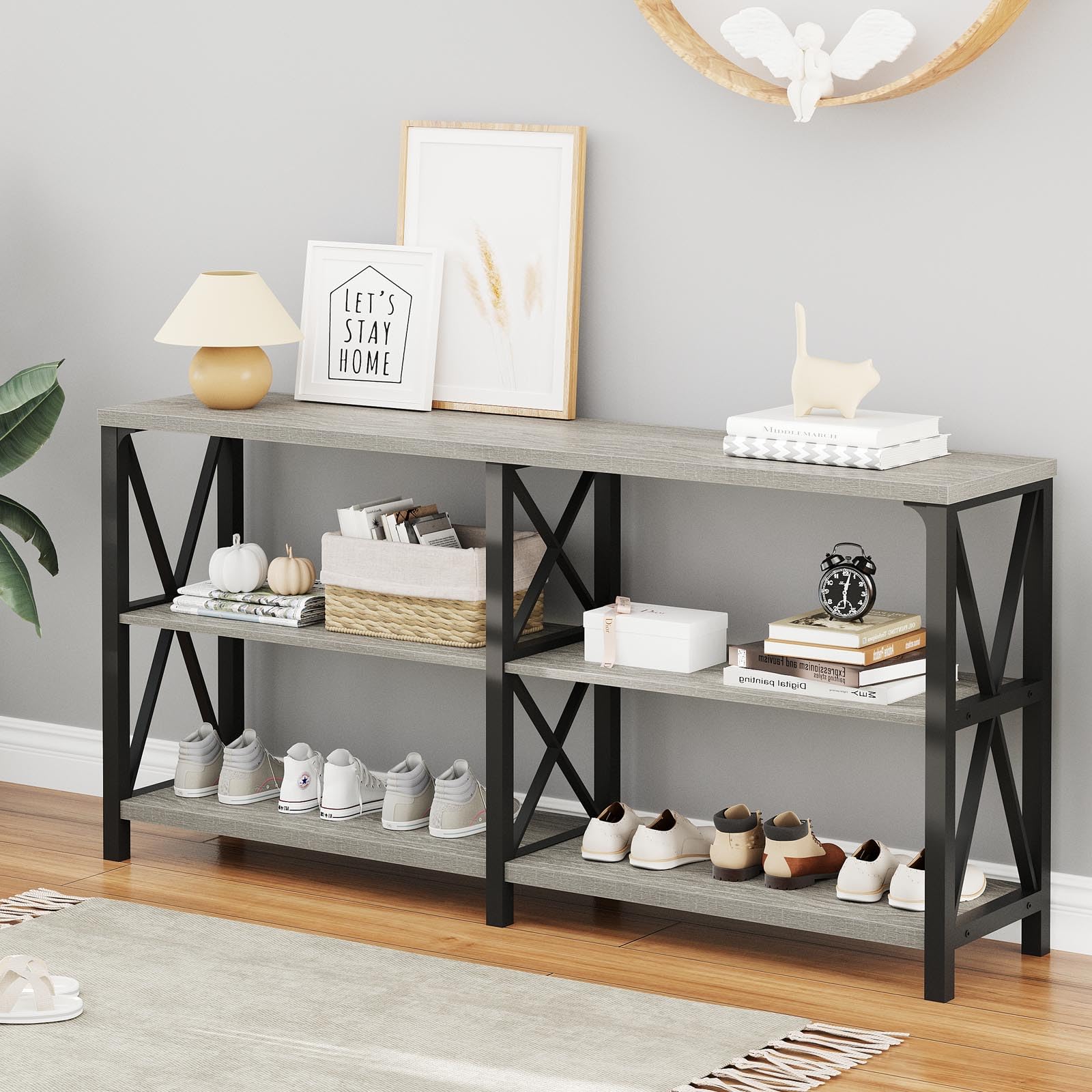LVB Industrial Entryway Table - Farmhouse Rustic Console Table Behind Couch, Long Metal Wooden Sofa Table with Storage Shelf - Modern Foyer Hallway Furniture for Living Room Bedroom - Light Grey Oak Finish - 63 Inch - Perfect for Small Spaces & Home Decor