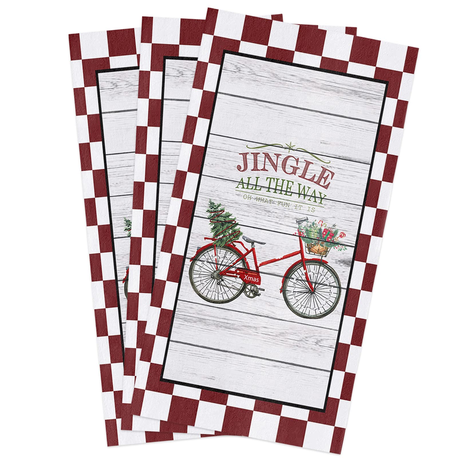 3 Pack Super Absorbent Soft Microfiber Kitchen Dish Towels - Christmas Red Bicycle & Tree Design, Vintage Wood Grain Cleaning Cloths for Kitchen, Bathroom, Bar | Perfect for Holiday Gifts, Dish Drying & Hand Wiping