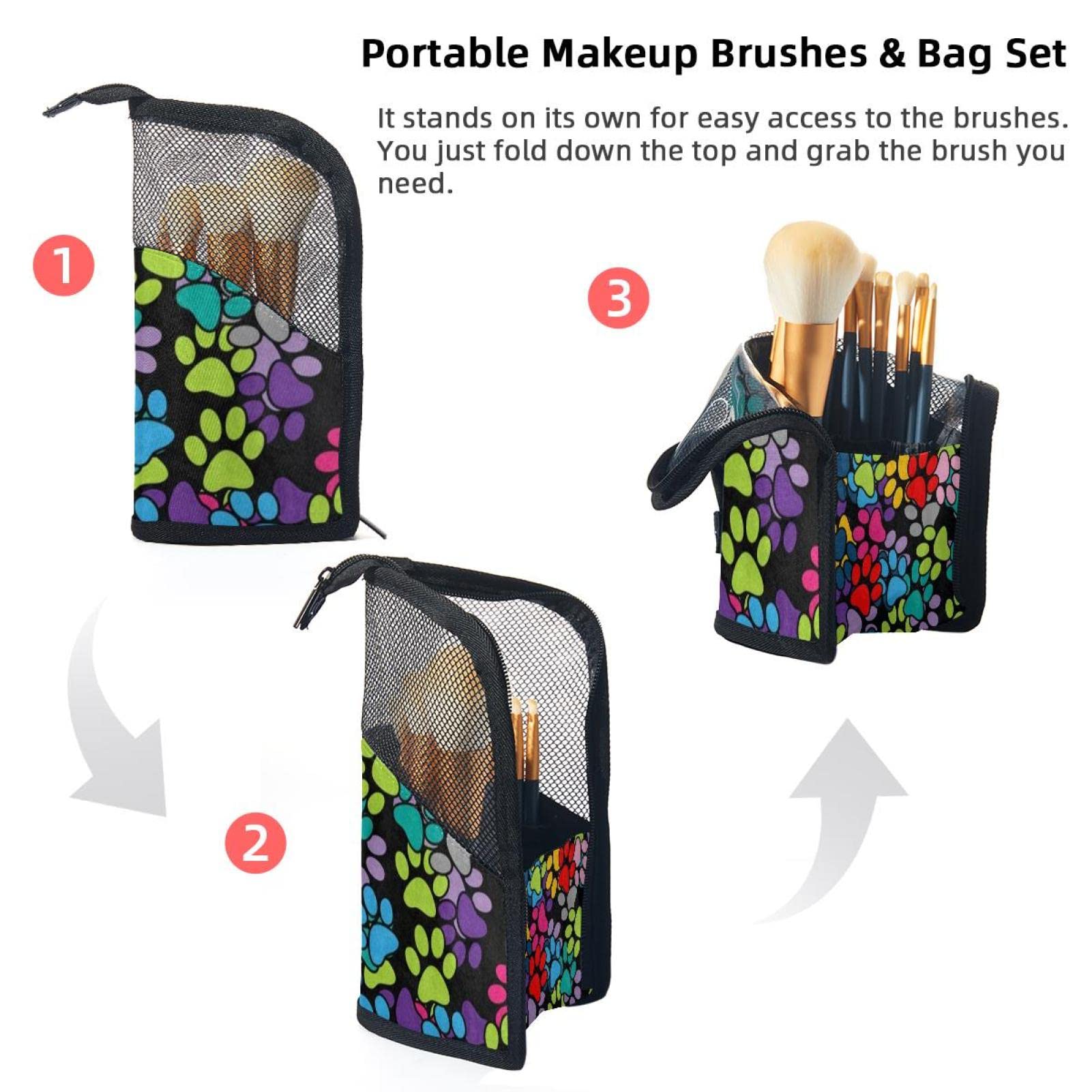 Premium 12-Piece Makeup Brush Organizer Bag with Colored Paw Print - Portable Travel Makeup Brush Holder Case for Professional Artists & Beauty Enthusiasts - Perfect for Home, Travel, and Salon Use