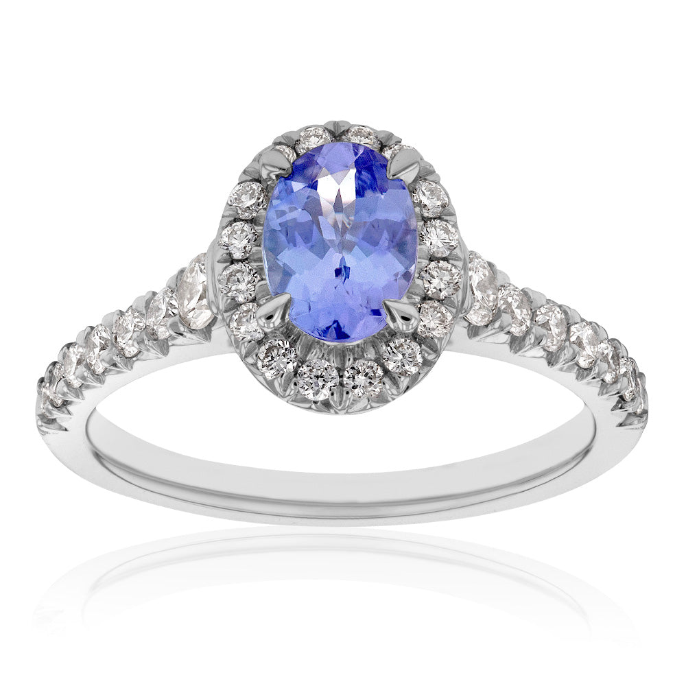 9ct White Gold Tanzanite and Diamond Oval Halo Ring for Women - Elegant Engagement, Wedding, Anniversary Jewelry Gift
