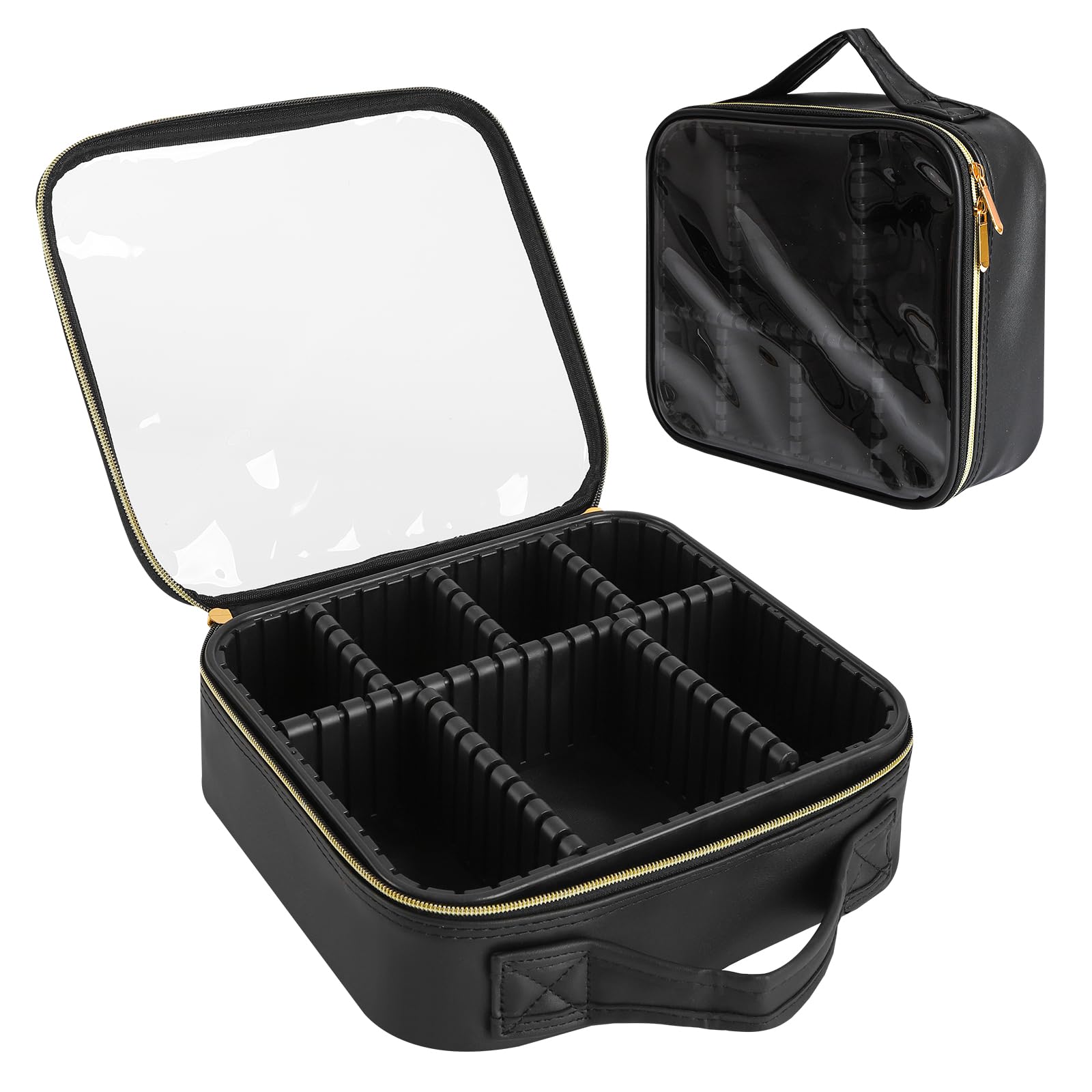 Clear Travel Makeup Bag for Women - Waterproof Cosmetic Organizer with Handle & Detachable Dividers | Portable Toiletry Case | Perfect Gift for Women & Girls | Ideal for Travel, Gym & Daily Use (Black)