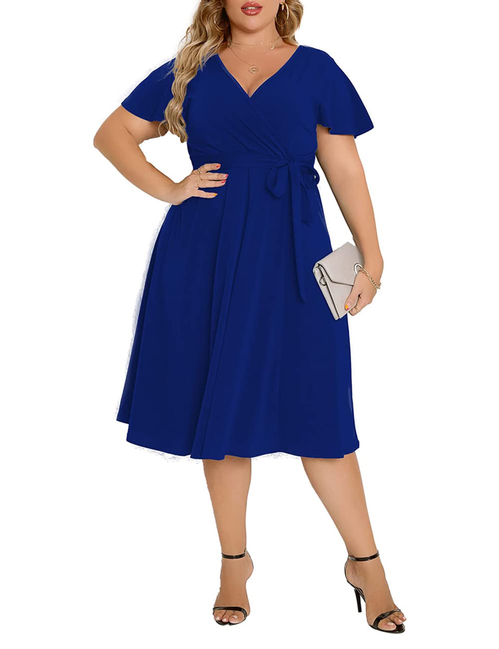 AGMIBRELR Women's Plus Size Flutter Sleeve Deep V-Neck A-Line Swing Midi Dress - Elegant Casual & Party Wear for Curvy Women