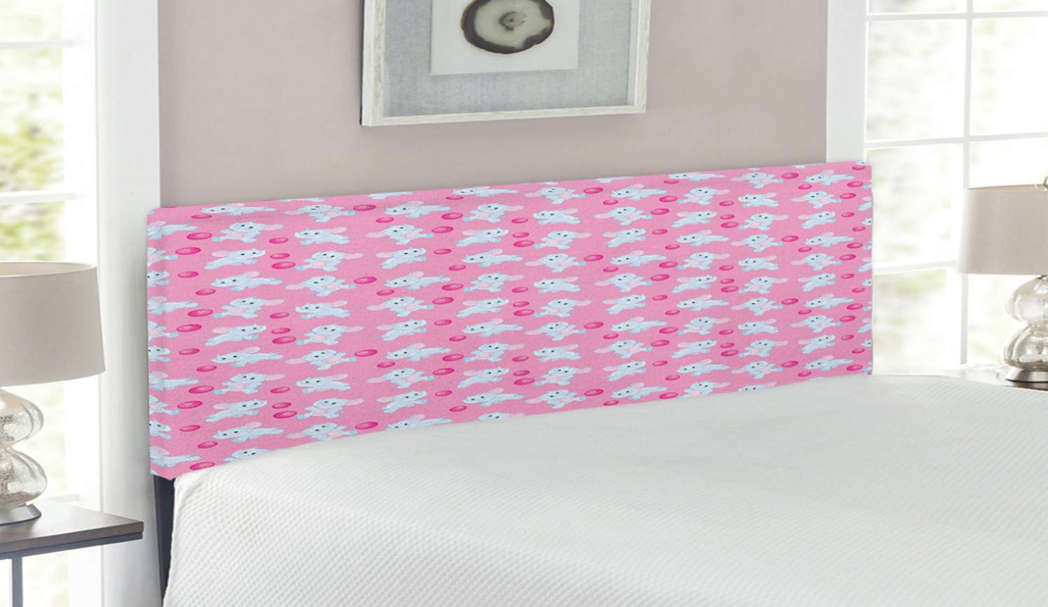 Ambesonne Animal Print Headboard for Girls - Happy Animal Design with Playful Dots, Upholstered Metal Bed Headboard with Memory Foam, Queen Size in Pale Blue & Pink - Perfect for Kids' Bedroom Decor & Nursery Room Styling