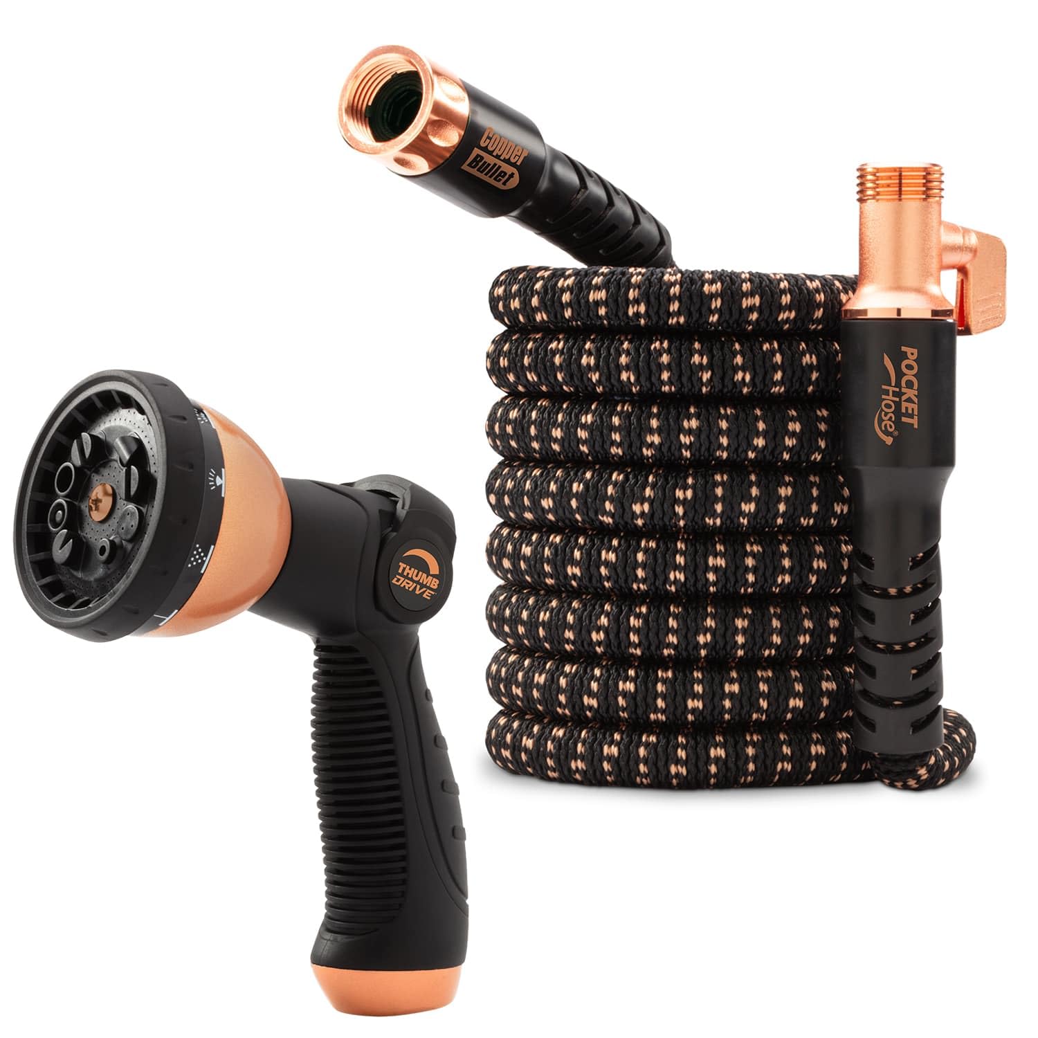 Expandable Garden Hose 50 FT - Copper Bullet Pocket Hose with 10-Pattern Thumb Spray Nozzle, AS-SEEN-ON-TV, 650psi, 3/4 Inch, Lead-Free, Ultra-Lightweight, No-Kink Design - Perfect for Watering Lawns, Gardens, Washing Cars, and Outdoor Cleaning