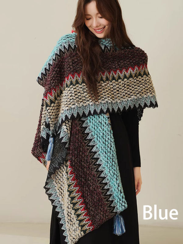 Stylish Color Block Knit Winter Wrap Shawl for Women - Cozy Fashion Scarf for Cold Weather & Holiday Outfits