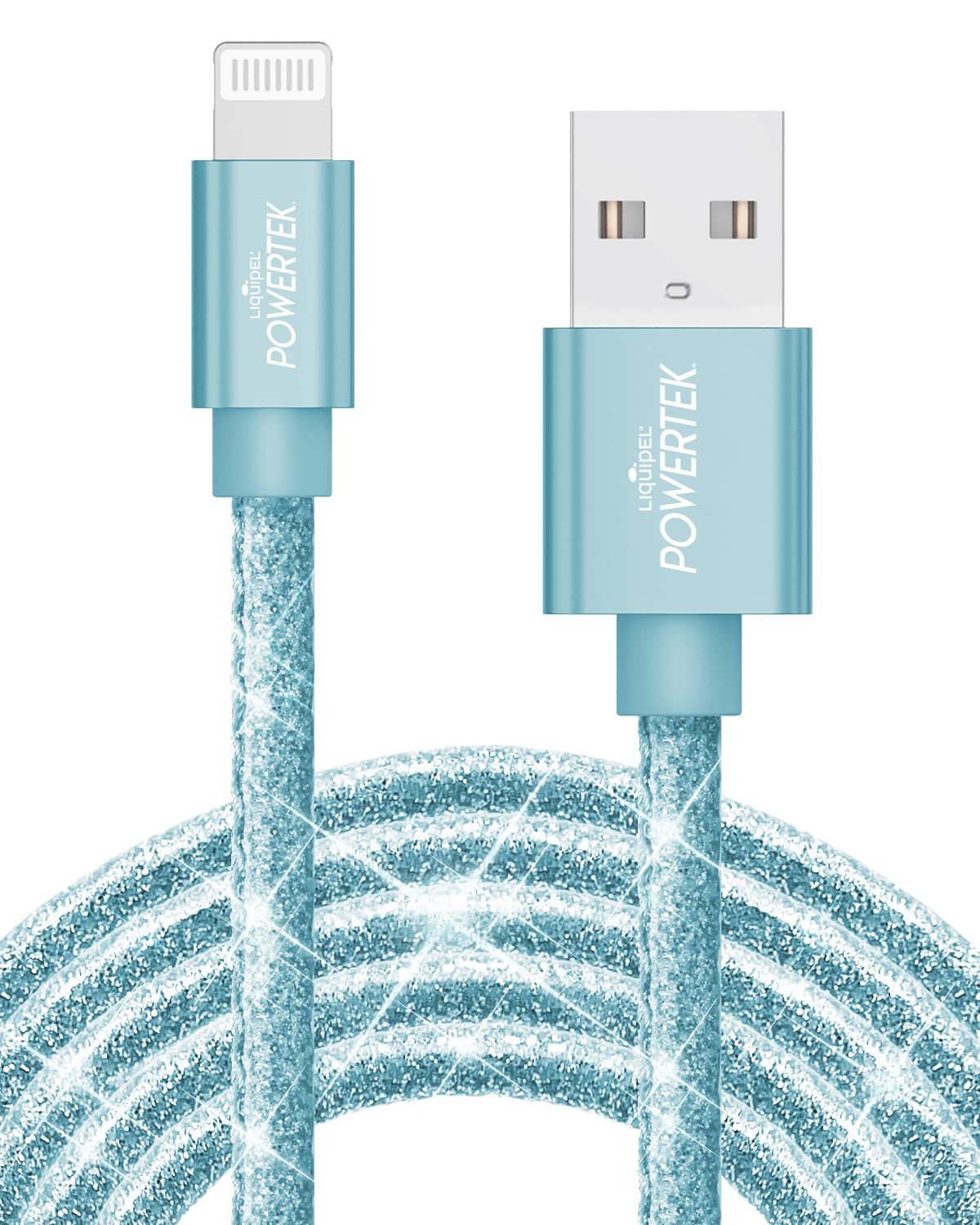 LIQUIPEL Powertek Glitter MFi Certified Fast Charging Cable 6ft - Lightning to USB Cable Compatible with iPhone 14/13/12/11/X/8/7, iPad & AirPods - Baby Blue | Perfect for Home, Office & Travel Charging