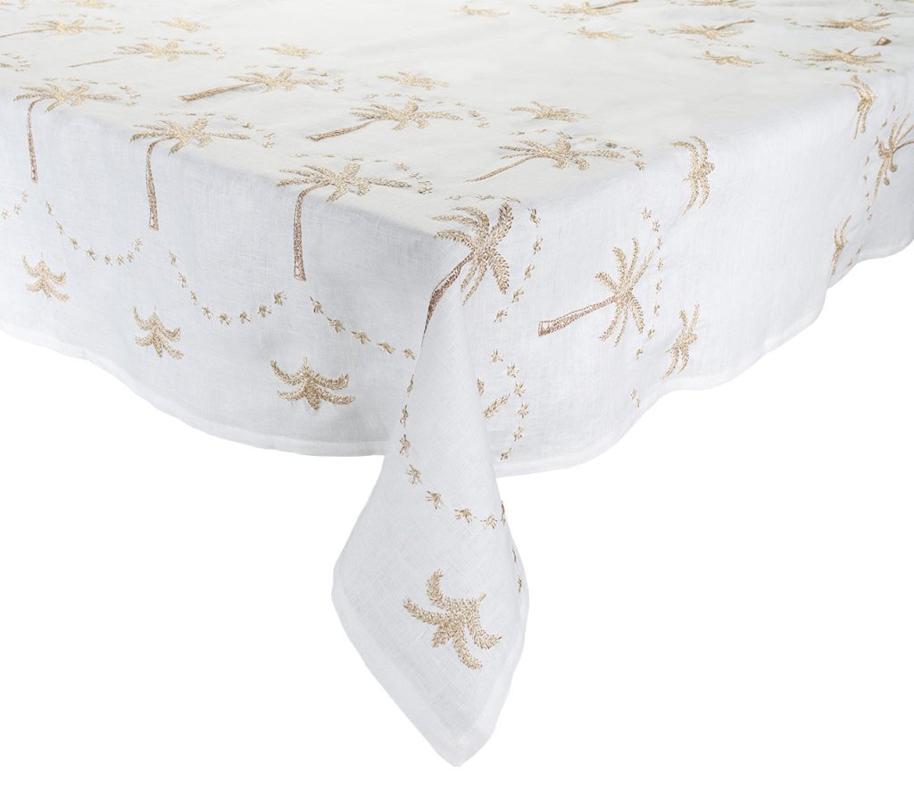Elegant Embroidered Palm Tablecloth - White, Natural & Gold - Perfect for Wedding, Party & Home Decor