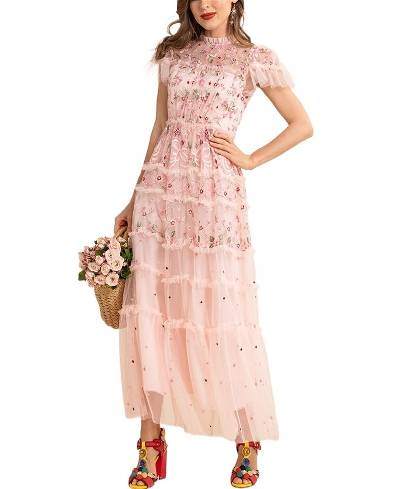 Stylish Pink Mesh Summer Dress for Women - Short Sleeve Floral Embroidery Party Maxi Dress | Perfect for Beach Vacations, Garden Weddings & Evening Events