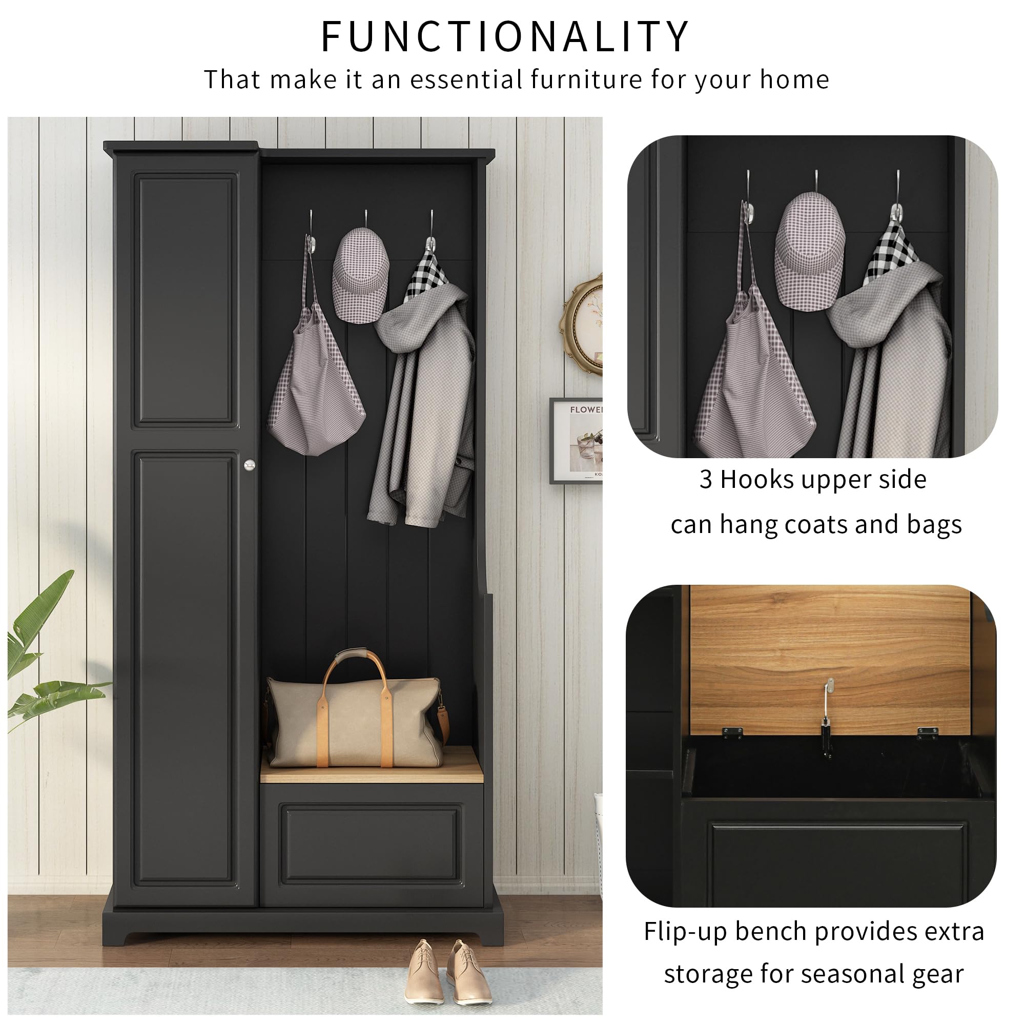 3-in-1 Hall Tree with Bench, Shoe Storage & Coat Rack - Multifunctional Entryway Organizer with Flip-Up Storage, Adjustable Shelves & Tall Wood Cabinet - Perfect for Hallway, Foyer & Mudroom Organization (Black)