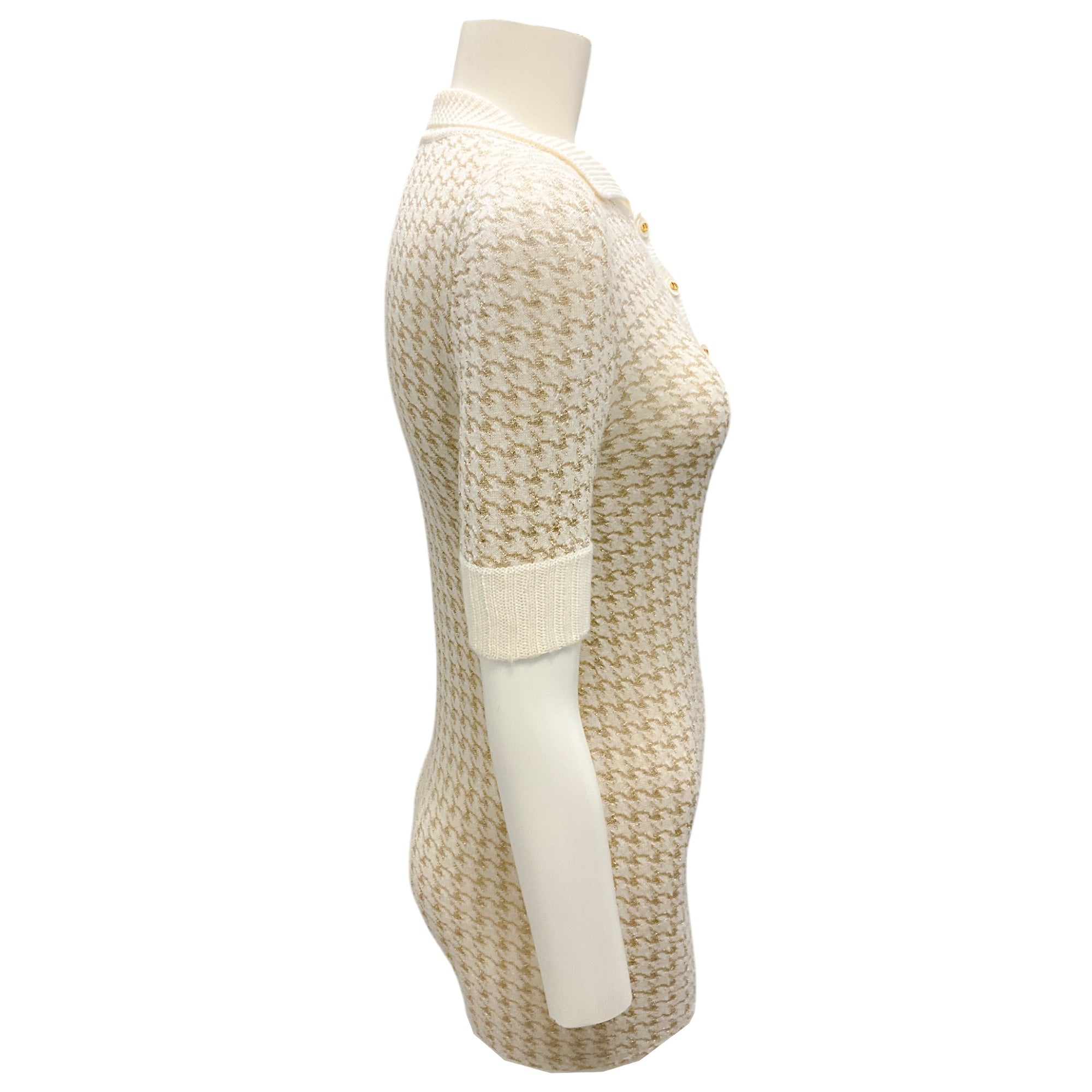 Christian Dior Ivory & Gold Metallic Cashmere Polo Sweater - Short Sleeve Houndstooth Knit Top for Women | Perfect for Office Wear & Luxury Casual Outings