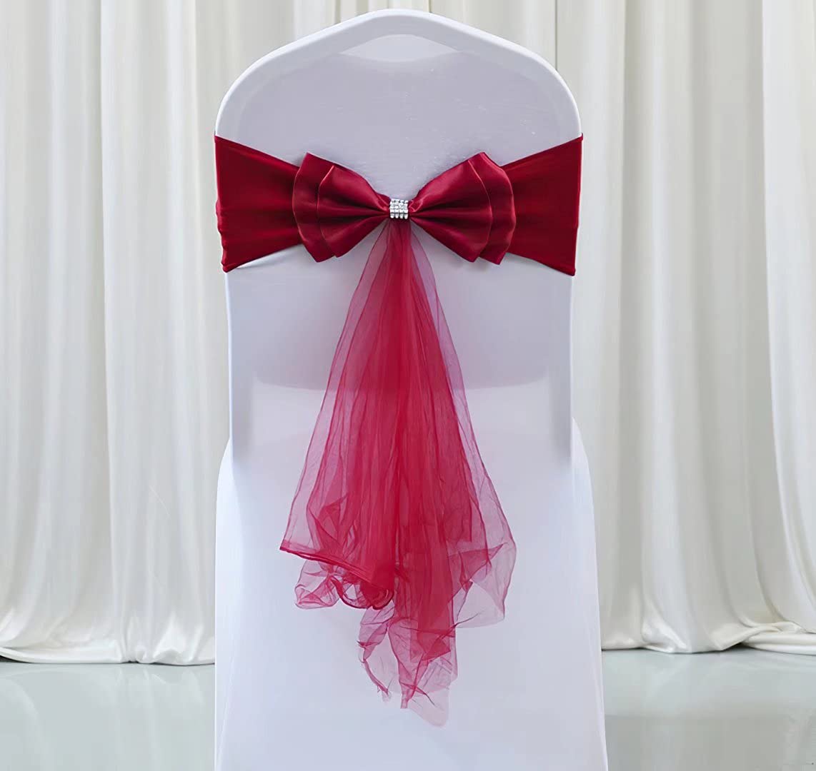 100Pcs Stretch Satin Chair Sashes - Wine Red Wedding Chair Bands for Reception, Party & Event Decor - Elegant Chair Cover Accessories for Banquet, Bridal Shower & Hotel Decorations