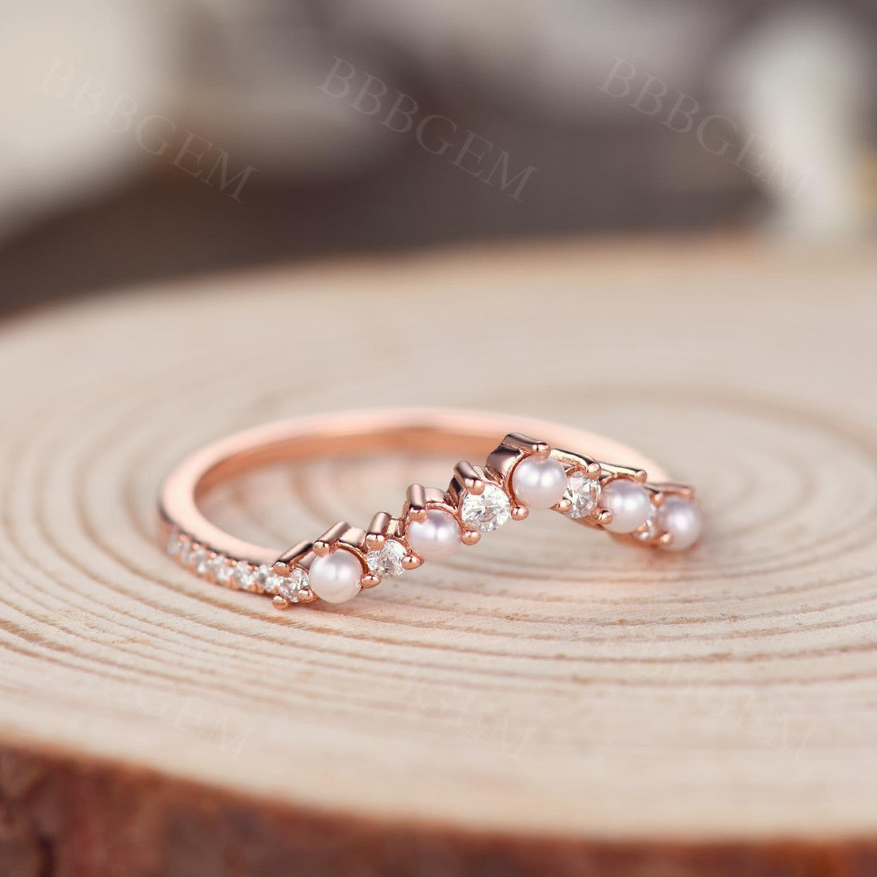 14K Rose Gold Petite V-Shaped Pearl & Diamond Stacking Ring for Women - Elegant Curve Band for Layering, Stacking, and Everyday Wear
