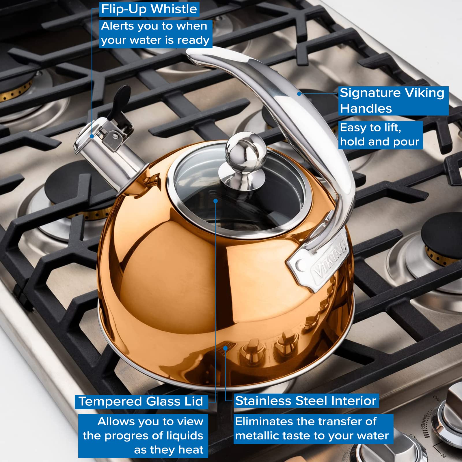 Premium Viking 3-Ply Stainless Steel Whistling Tea Kettle - 2.6 Quart Stovetop Hot Water Pot with Tempered Glass Lid & Ergonomic Handle - Induction Compatible Rose Gold - Perfect for Tea Brewing, Coffee Making & Kitchen Decor
