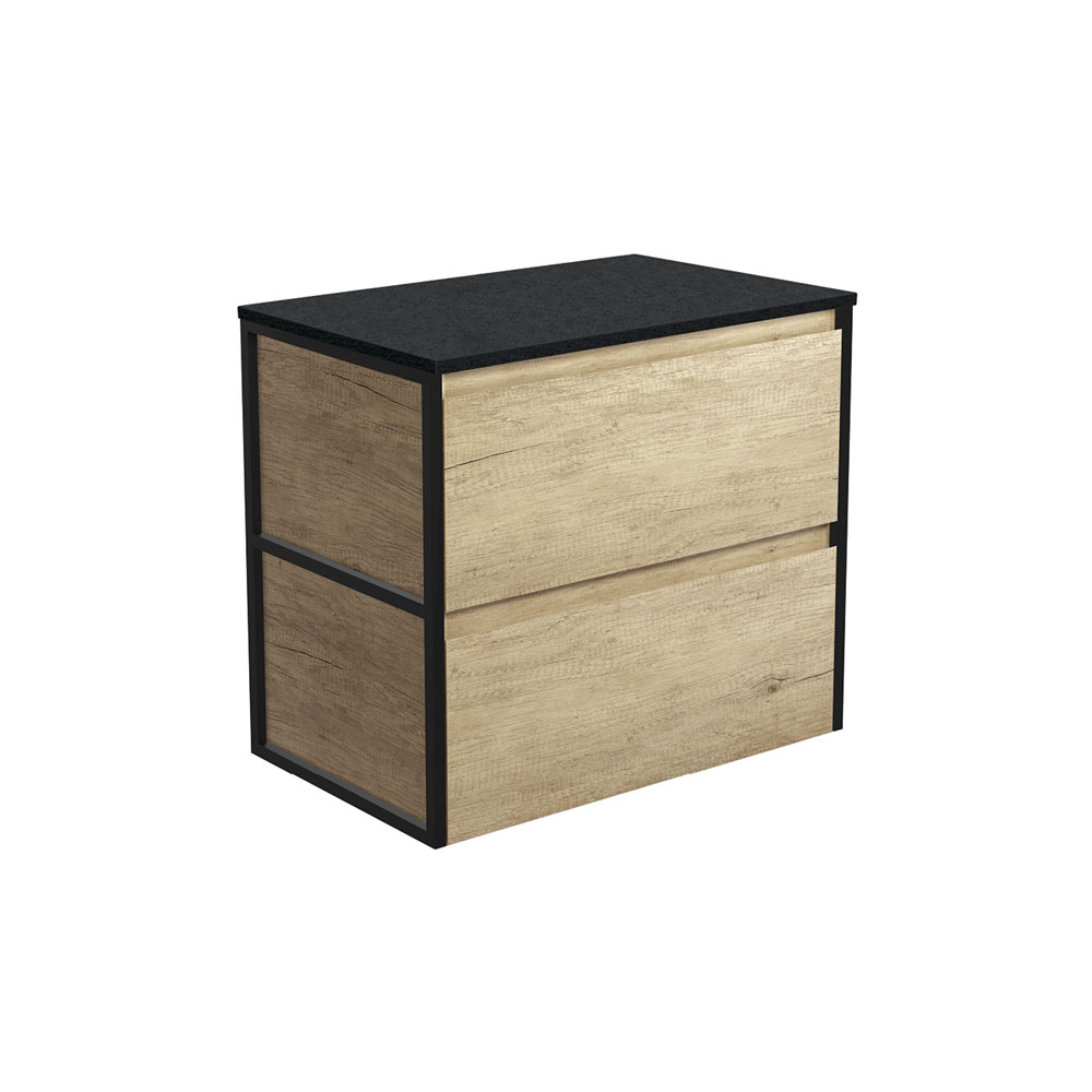 Fienza 90BSF Amato 750 Wall Mounted Bathroom Vanity Cabinet - Matte Black Frame with Scandi Oak Finish - Space Saving Storage Solution for Small Bathrooms & Powder Rooms