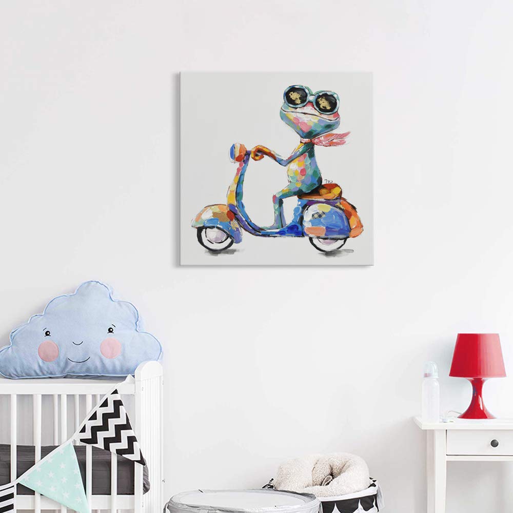 JAPO ART Funny Frog Riding Motorcycle Hand Painted Oil Painting - 40x40 Inch Stretched Canvas Wall Art for Kids Room, Bedroom & Living Room Decor - Ready to Hang Gift for Animal Lovers & Unique Home Decor
