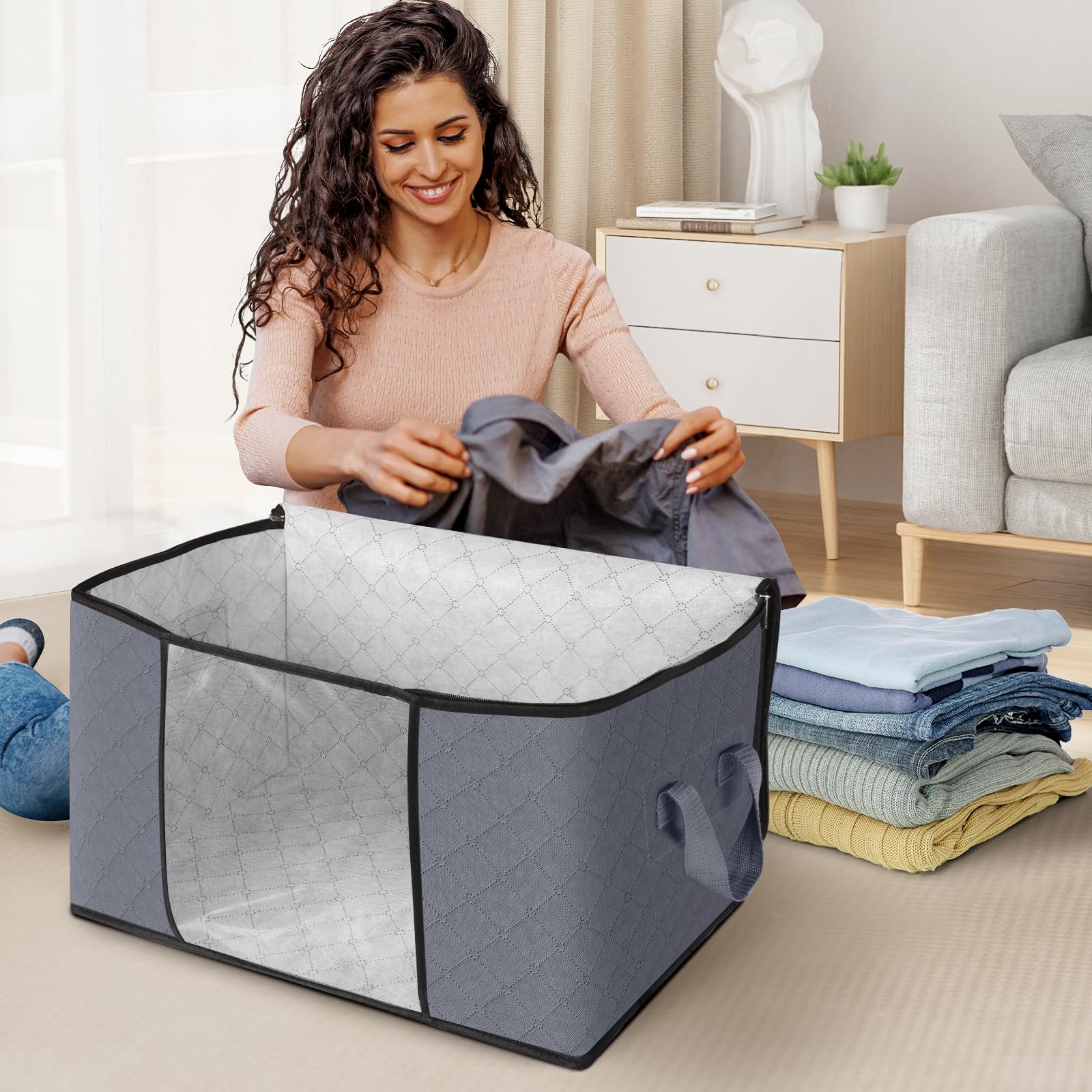 2-Pack Stackable Storage Bins with Lids - Grey Totes for Closet & Bedroom Organization