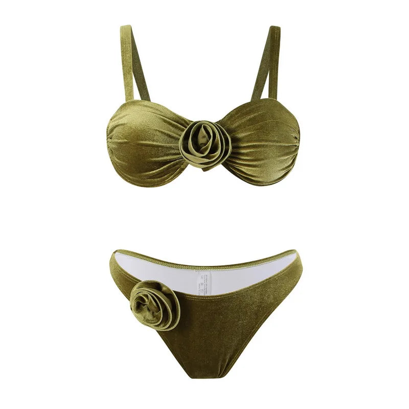 2024 Sexy 3D Floral Bandeau Bikini Set - Brazilian Thong Swimwear for Women (S-XL) | Perfect for Beach Vacations, Pool Parties & Summer Getaways