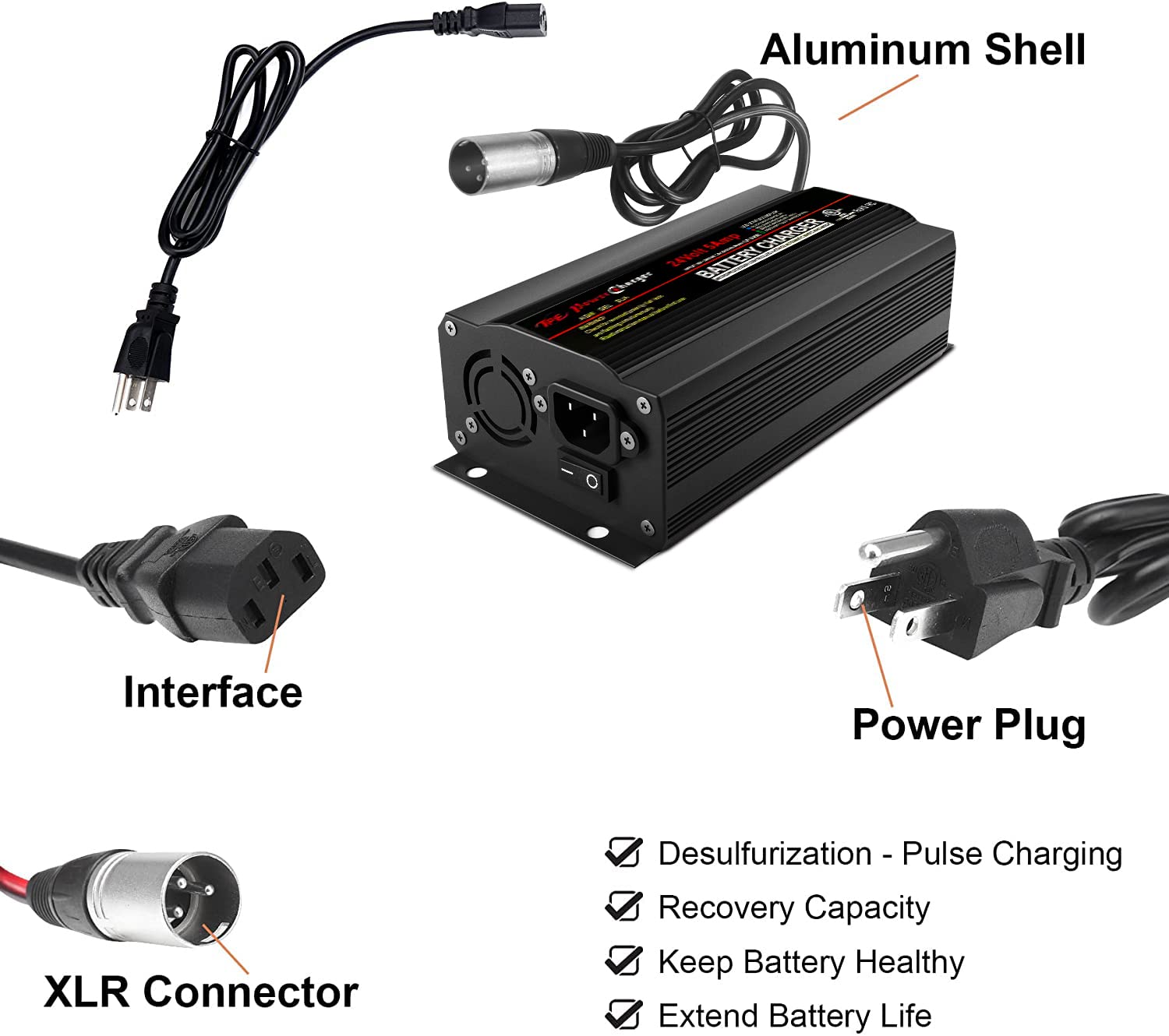 24V 5A TPE Smart Battery Charger - Automatic Trickle Charger & Maintainer for Wheelchair Batteries - Perfect for Home, Hospital, and Mobility Scooter Use