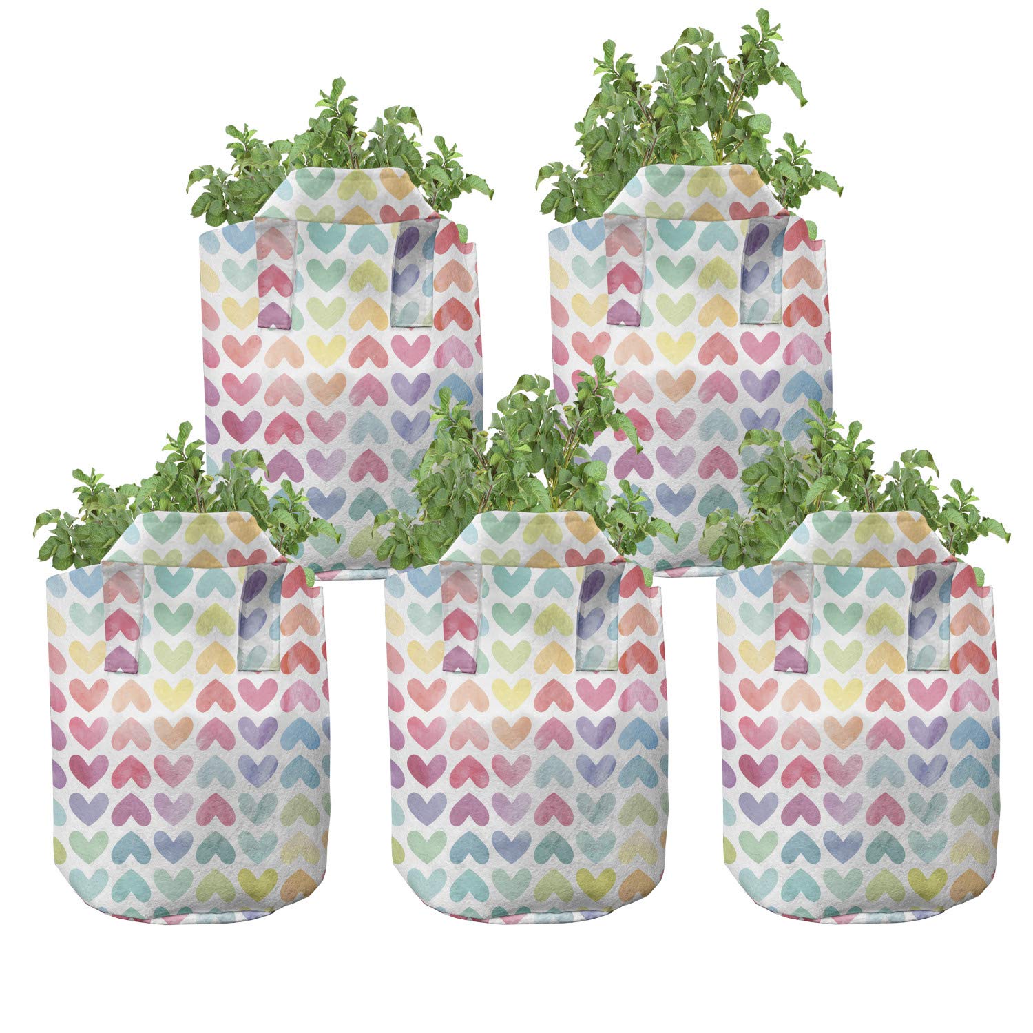 Ambesonne 5-Pack Watercolor Grow Bags - Paintbrush Effect Heart Design Heavy Duty Fabric Plant Pots with Handles - Pale Pink for Indoor/Outdoor Gardening, Balcony & Patio Decor