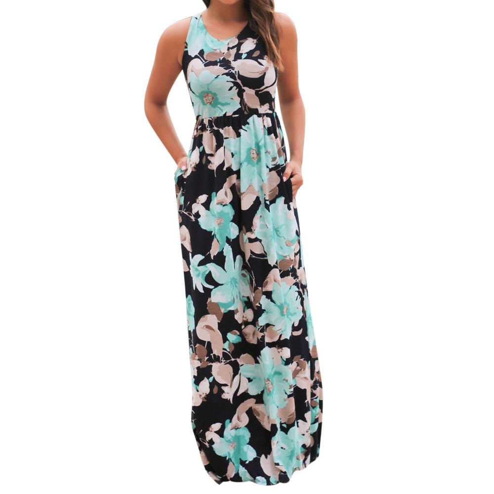 Muranba Women's Floral Print Round Neck Sleeveless Long Maxi Dress - Casual Summer Beach Dress for Vacation, Party & Outdoor Events