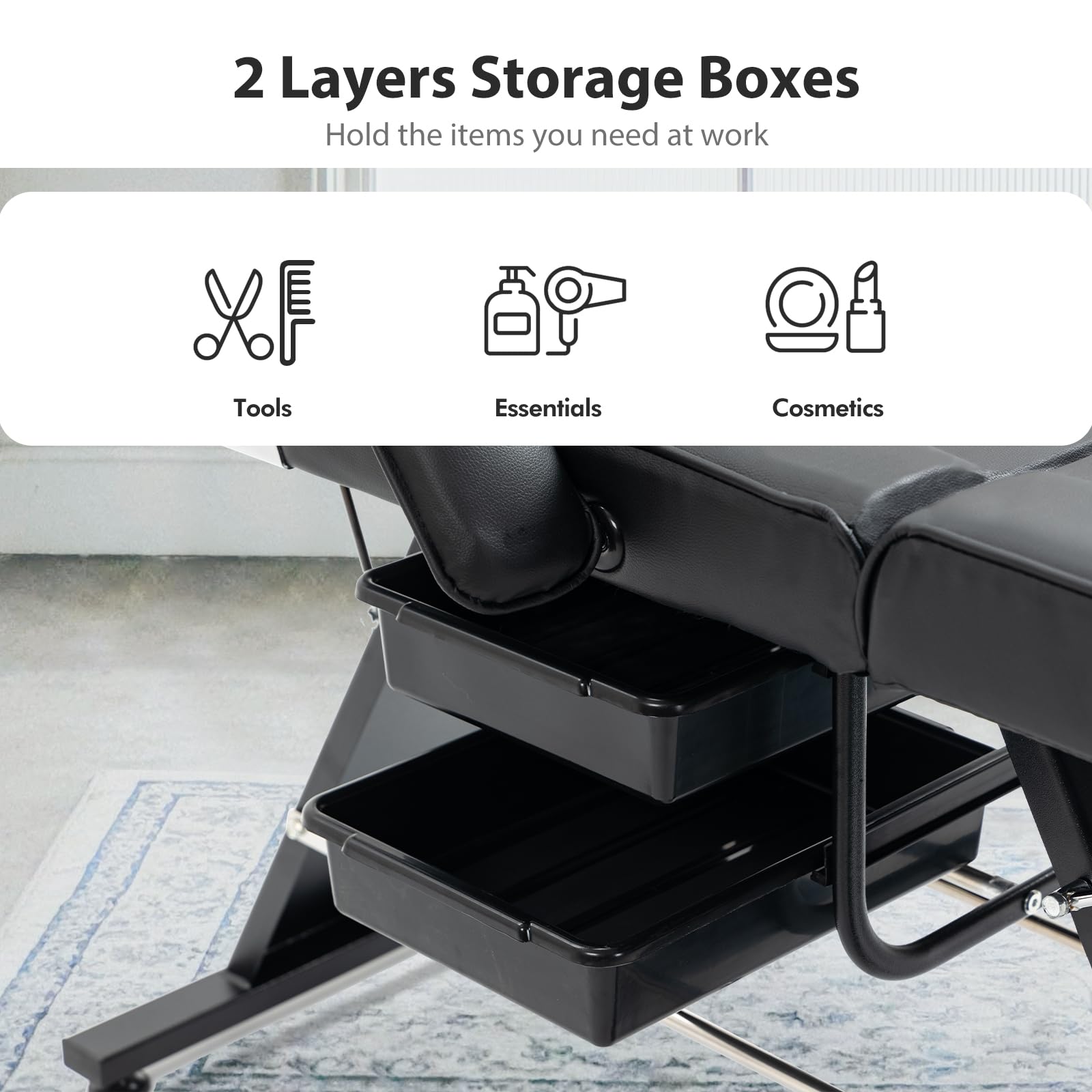 Professional Adjustable Folding Salon Bed with Hydraulic Stool - Esthetician Facial Bed with 2 Trays, Tattoo & Massage Chair for Beauty Spa, Lash Extensions & Skin Treatments - Perfect for Facial, Waxing, Massage Therapy in Salon & Home Use (Black)