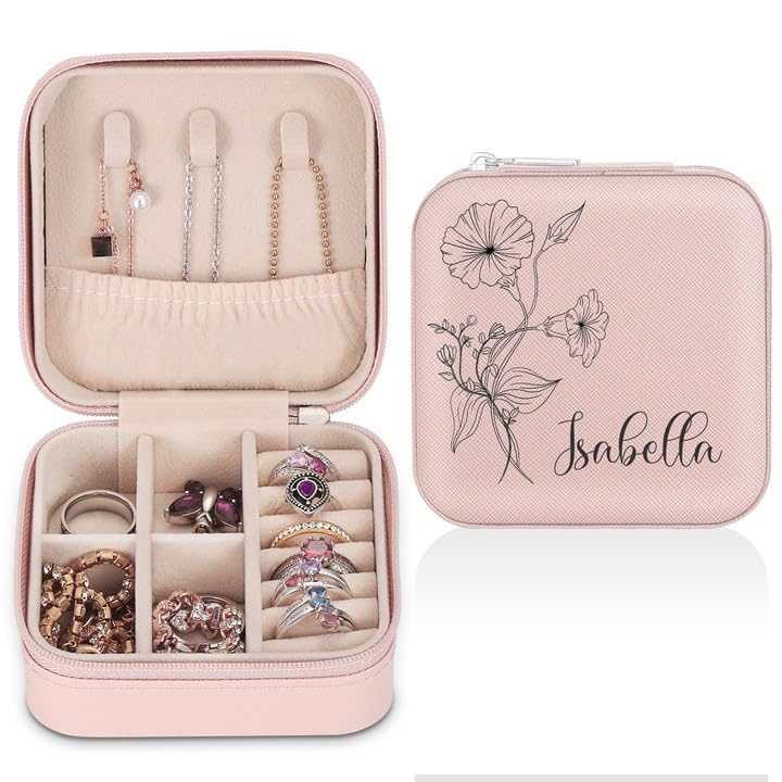 Personalized Leather Jewelry Box with Name & Birth Flower - Custom Jewelry Organizer for Women | Travel Jewelry Case, Gift for Mom, Bridesmaids, Anniversary - Perfect for Travel, Home Storage & Special Occasions