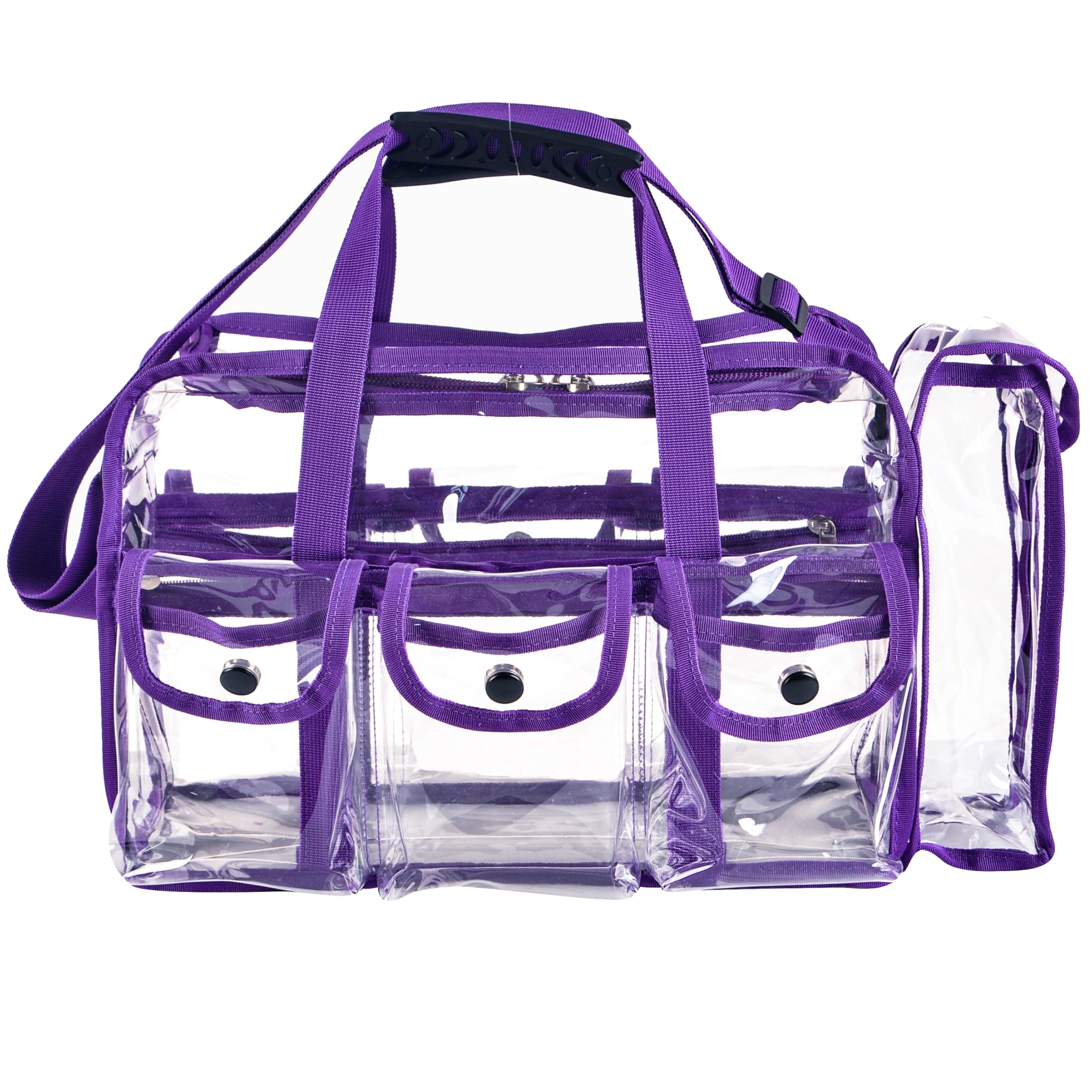 Professional Clear PVC Travel Makeup Organizer Bag - Large Wide Mouth Cosmetic & Nail Artist Case with 6 External Pockets, Adjustable Strap - Perfect for Travel, Salon, Beach & Diaper Storage (Purple)