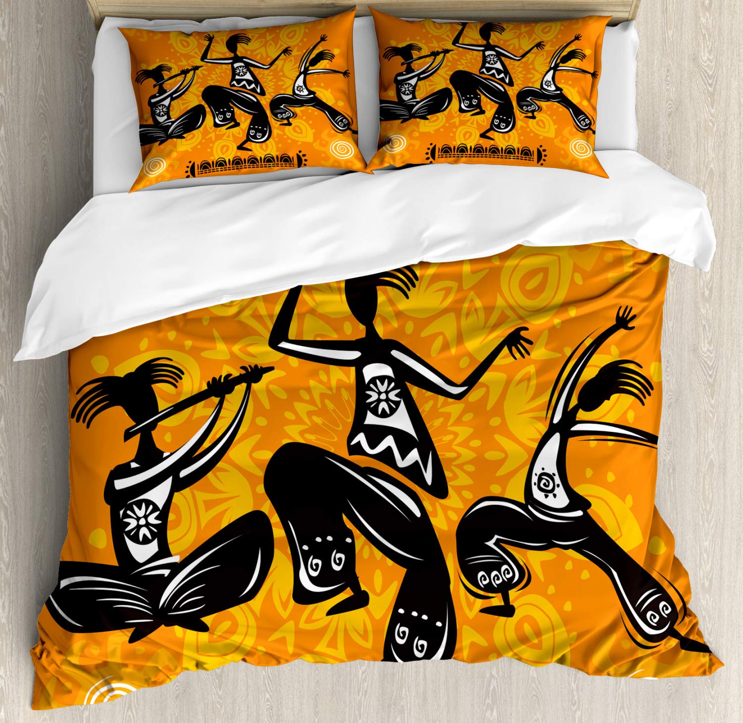 Ambesonne African Duvet Cover Set - Native Dancer with Poly Rhythm Body Articulations Design, 3-Piece King Size Bedding Set with 2 Pillow Shams in Orange & Black | Tribal Home Decor for Bedroom, Boho Chic Style, Unique Gift Idea