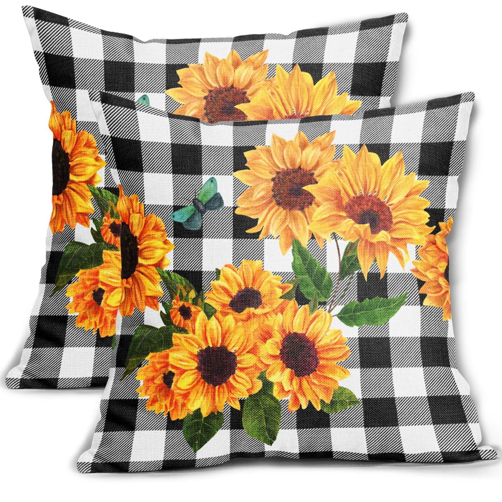 Sunflower Pillow Covers 18x18 Inch Set of 2 - Summer Floral Black Buffalo Plaid Yellow Throw Pillow Covers - Farmhouse Linen Square Cushion Covers for Couch, Bed, Sofa - Perfect for Home Decor, Living Room, Outdoor Porch & Seasonal Decoration