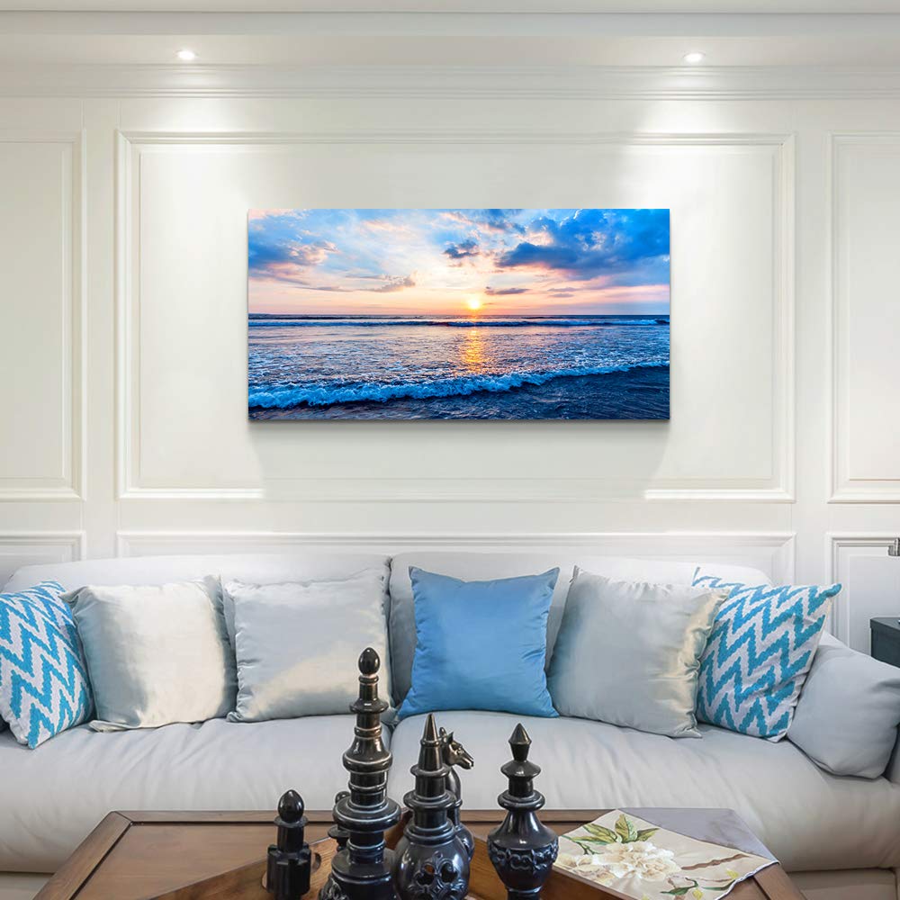 Blue Beach Ocean Waves Canvas Wall Art - Ready to Hang Landscape Painting for Living Room, Bedroom, Kitchen & Bathroom Decor - Inspirational Sea Wall Mural & Home Decorations (Perfect for Coastal, Nautical or Beach House Themes)