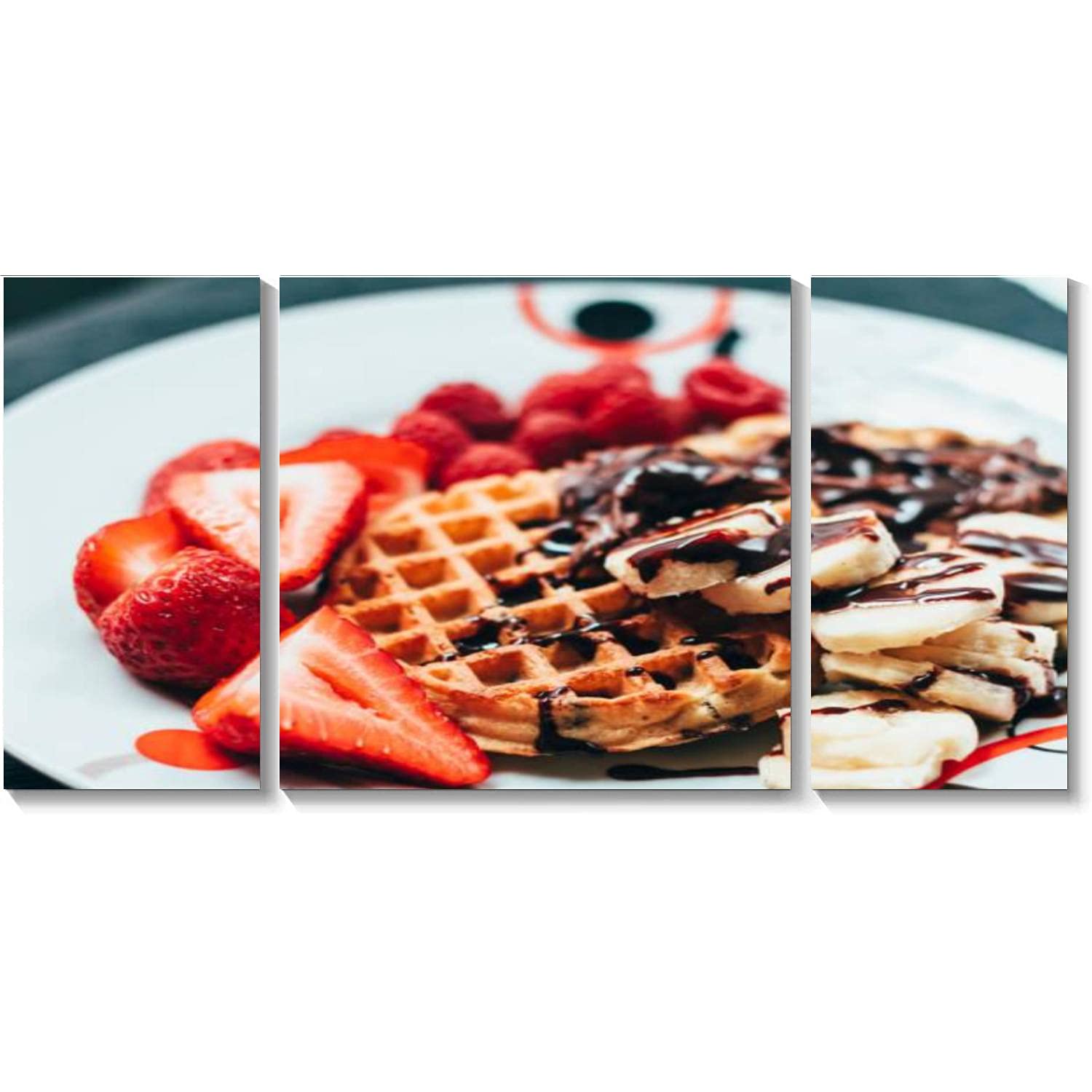 BDMPIZLNSF 3 Panel Canvas Wall Art - Traditional Waffles & Strawberries Framed Painting, Ready to Hang Home Decor for Living Room, Bedroom, Kitchen & Dining Area | Perfect for Farmhouse & Modern Interior Design