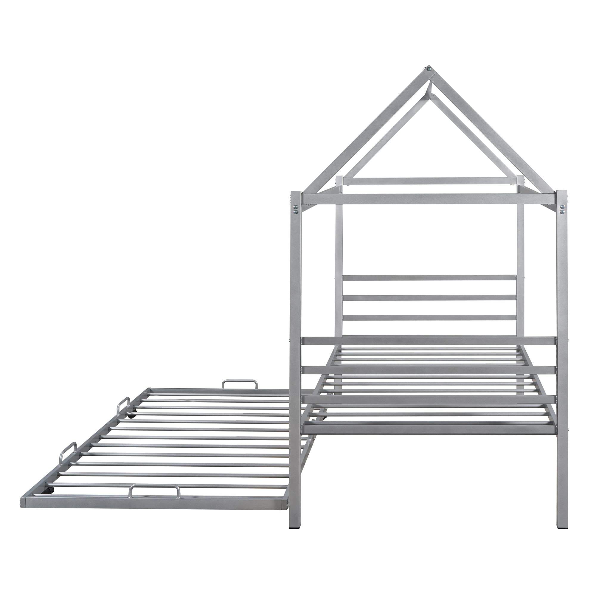 Twin Size Metal House Platform Bed with Trundle - Foldable Daybed Frame with Roof for Kids & Toddlers, Silver House-Shaped Bed with Play Tent Decorations - Perfect for Bedrooms, Playrooms & Sleepovers