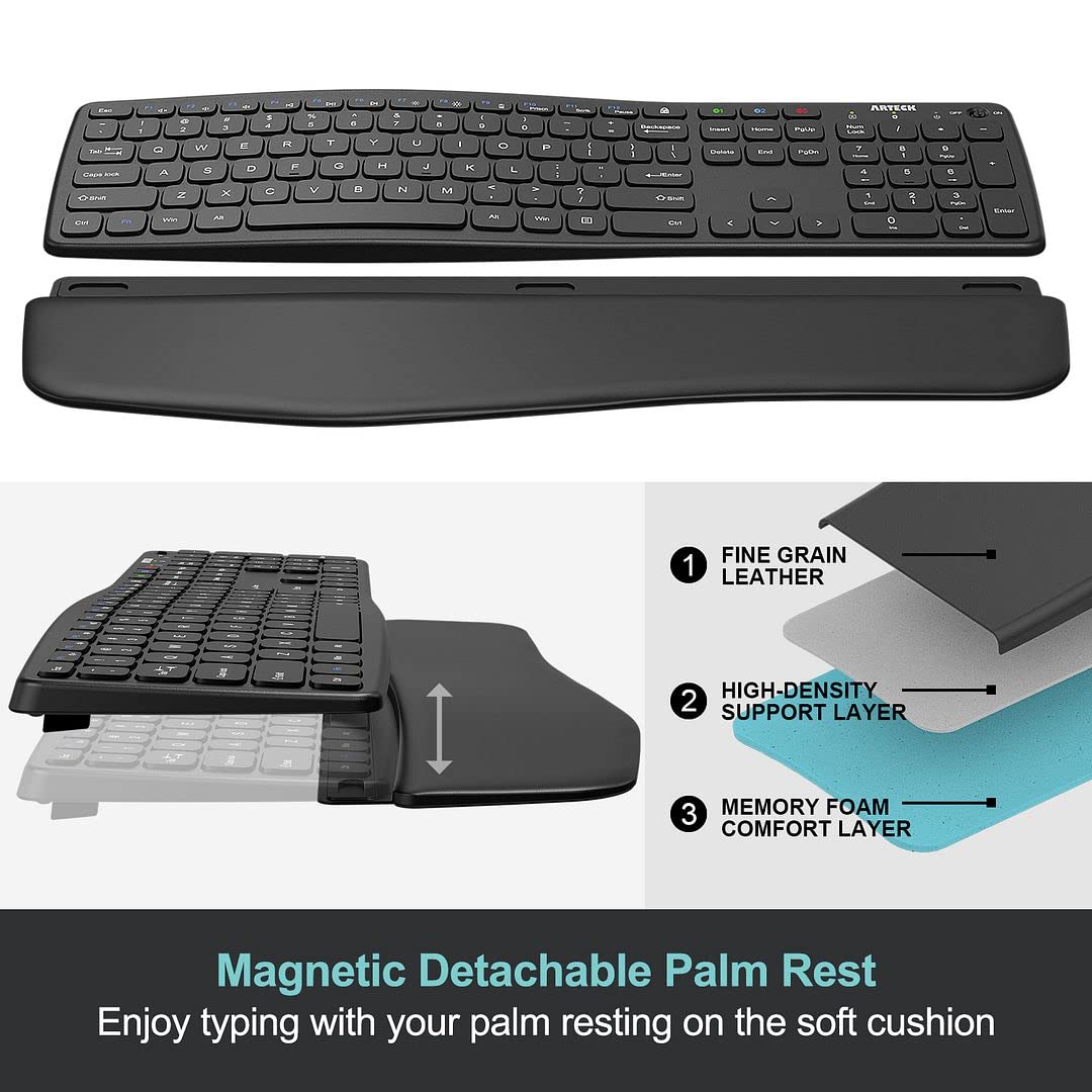 Arteck Universal Bluetooth Keyboard with Palm Rest - Full Size Wireless Keyboard for Windows, iOS, iPadOS, Android - Compatible with Computer, Laptop, Tablet & Smartphone - Ergonomic Design for Office, Home & Travel Use