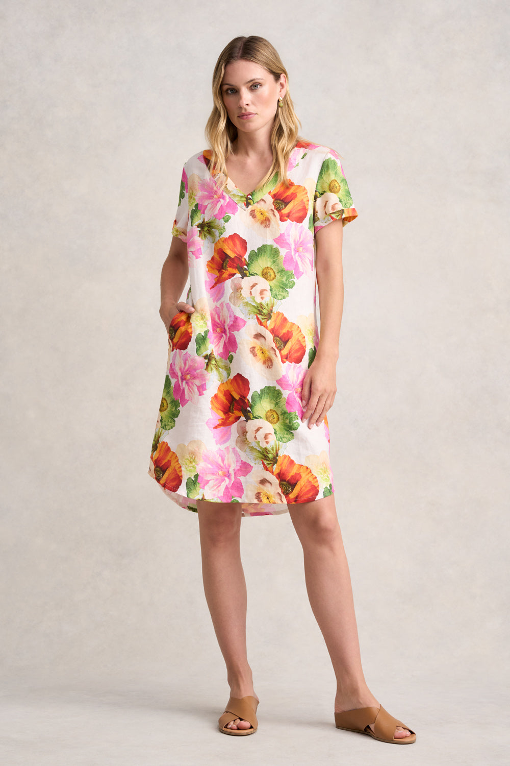 Women's Floral V-Neck Linen Dress - Breathable Summer Casual Sundress for Beach, Vacation & Outdoor Activities