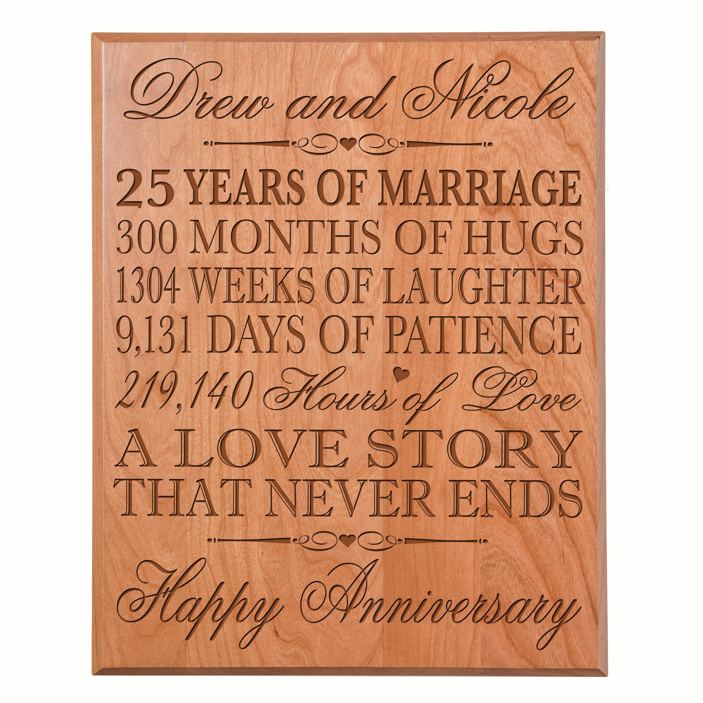 Personalized 25th Wedding Anniversary Wall Plaque - Custom Engraved Cherry Wood Gift for Couples (12