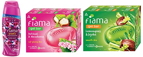 Fiama Scents Juniper & Geranium Body Wash 250ml + Patchouli & Macadamia Soap Bar 125g (3 Pack) + Lemongrass & Jojoba Soap Bar 125g (3 Pack) - Natural Aromatherapy Bath Set for Relaxation & Skin Hydration