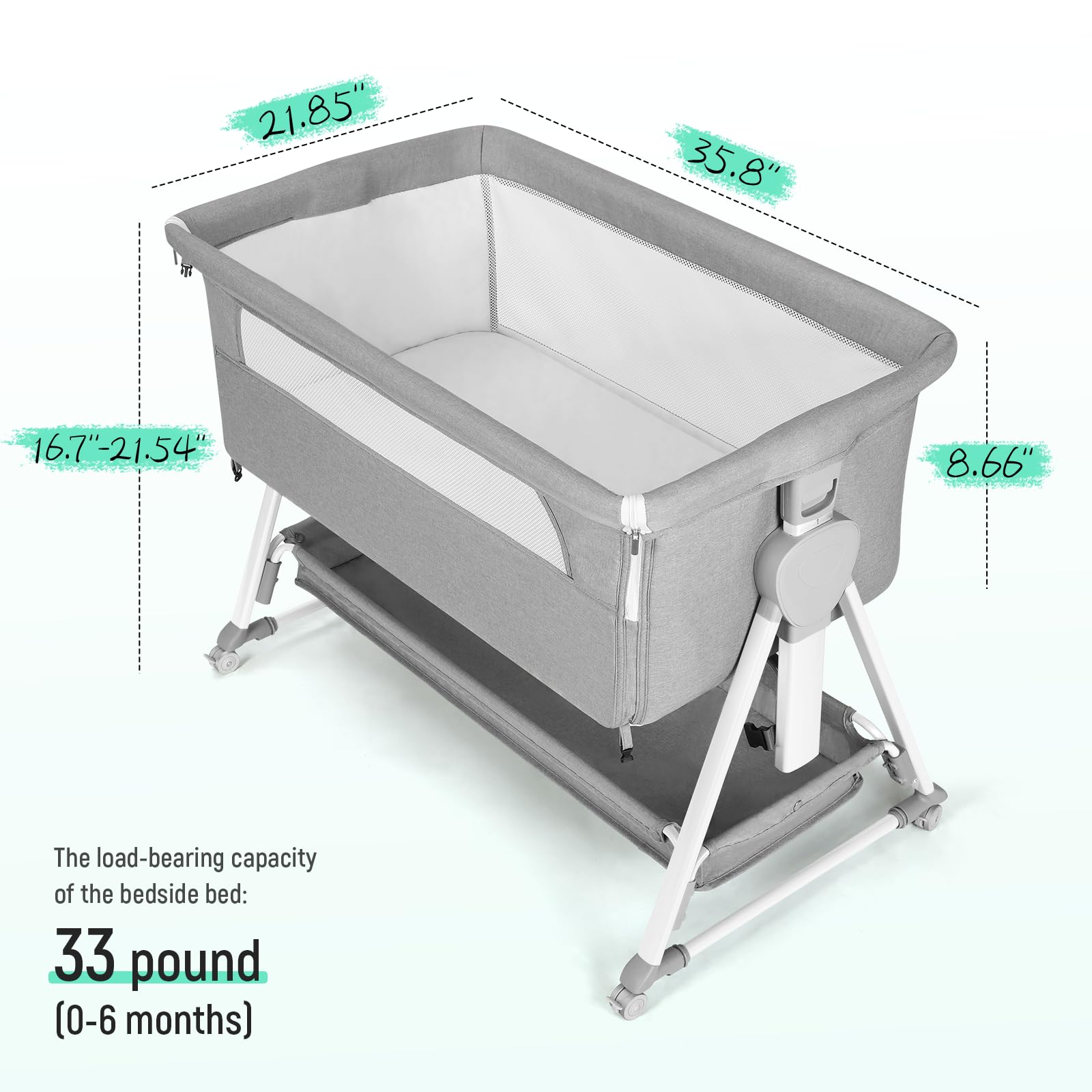 Cowiewie Adjustable Baby Bassinet Bedside Sleeper - 7 Height Levels, Breathable Mesh Sides & Mattress, XL Storage, Foldable Design (Grey/White) - Perfect for Newborns, Nursery Room & Co-Sleeping Safety