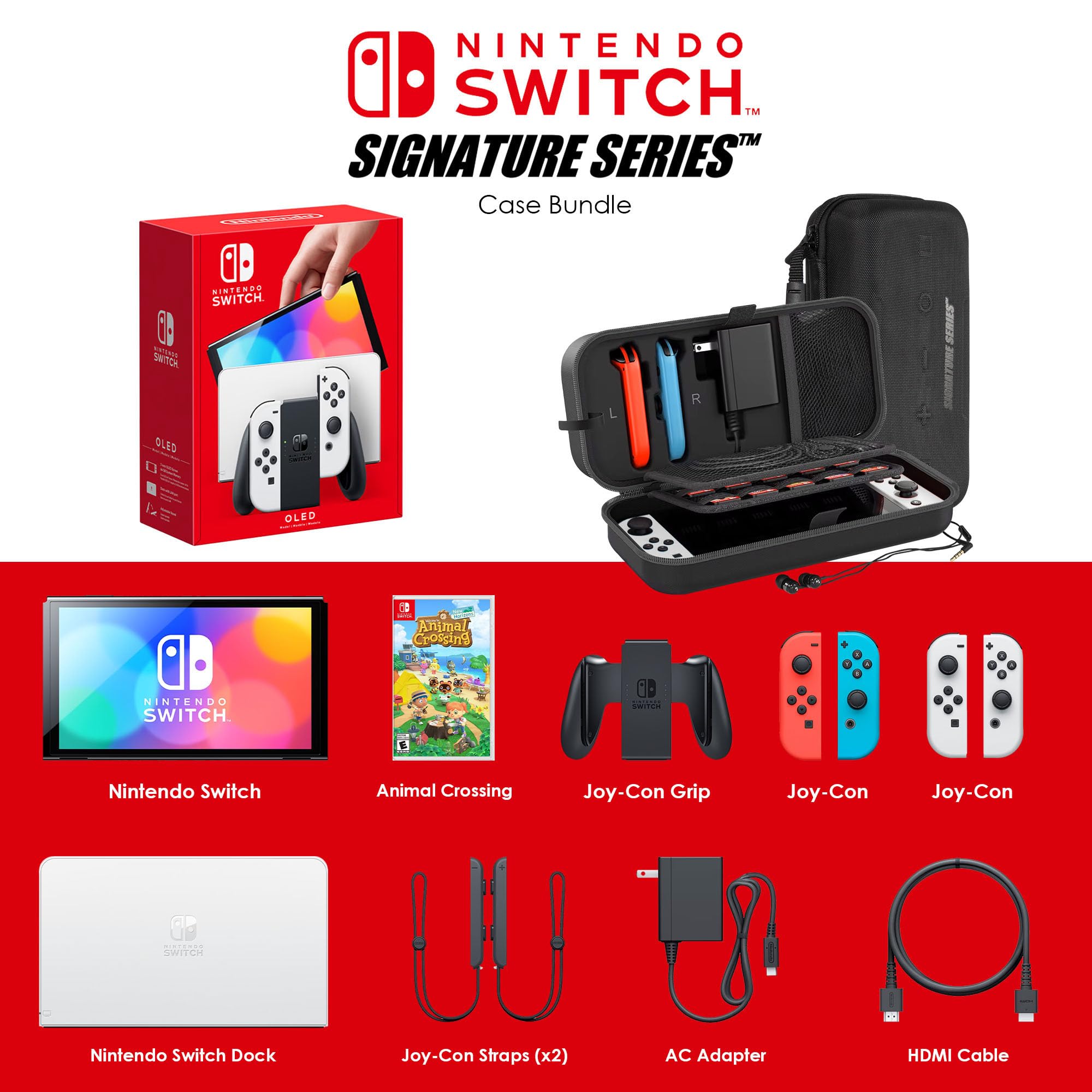 Nintendo Switch OLED Model (White) Animal Crossing: New Horizons Bundle with Red/Blue Joy-Con, Dock, Grips & Straps | Includes Signature Series Portable Case & Earphones | Perfect for Gaming at Home, Travel & Multiplayer Fun