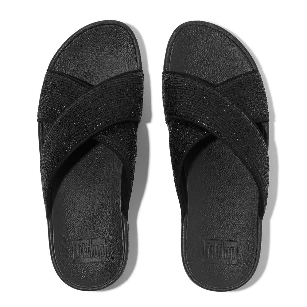FitFlop Lulu Crinkled Shimmer Cross Slides Sandals for Women - Metallic Black | Comfortable Summer Beach Sandals for Walking, Travel & Casual Outings