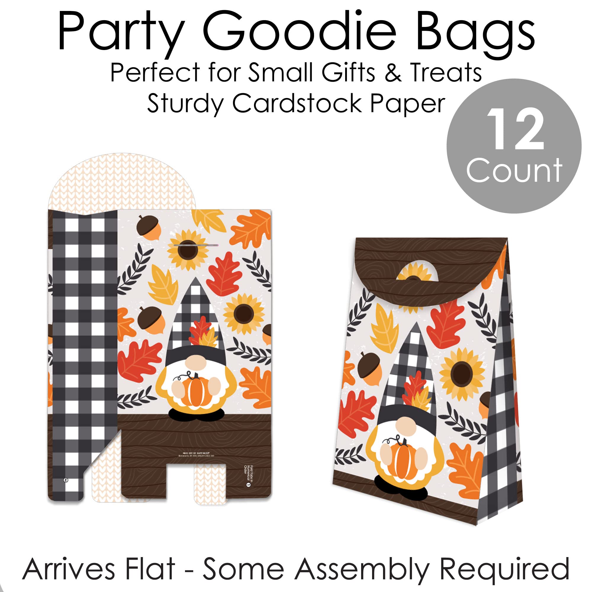 Big Dot of Happiness Fall Gnomes - Autumn Harvest Gift Favor Bags (Set of 12) - Perfect for Halloween Party Favors, Thanksgiving Decorations & Seasonal Home Decor