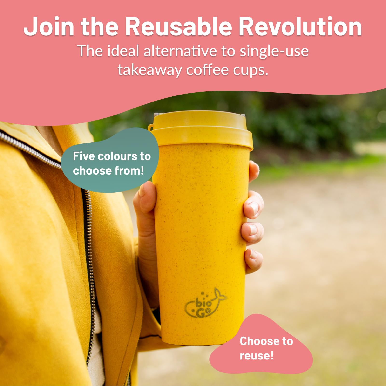 bioGo 16oz Butterscotch Yellow Insulated Travel Coffee Mug - Reusable Stainless Steel Tumbler with Leak-Proof Lid - Microwave & Dishwasher Safe - Perfect for Commuting, Office & Outdoor Adventures