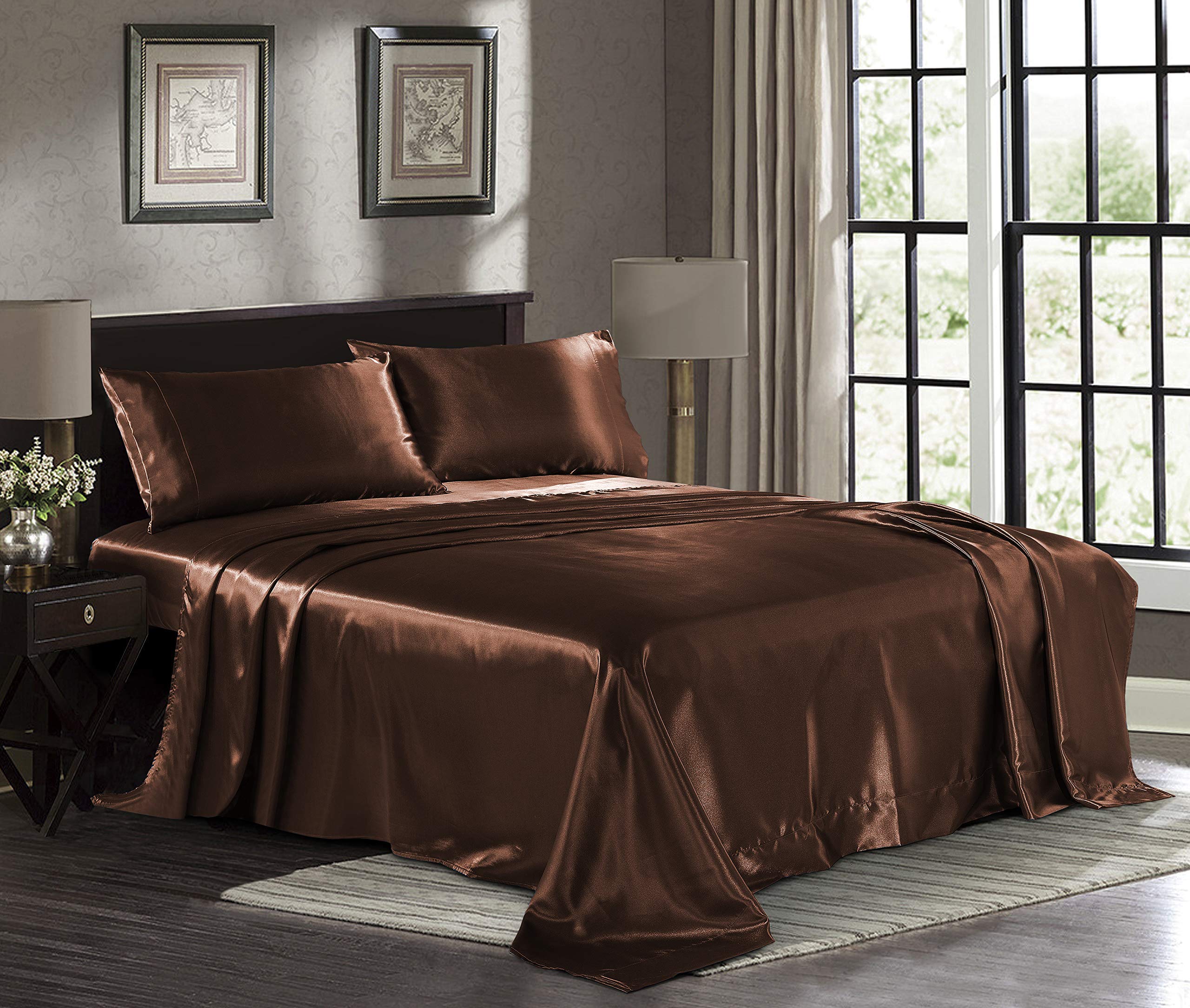 Luxury 100% Satin Silk Sheet Set - Queen Size, Chocolate Brown, Deep Pocket (10-12