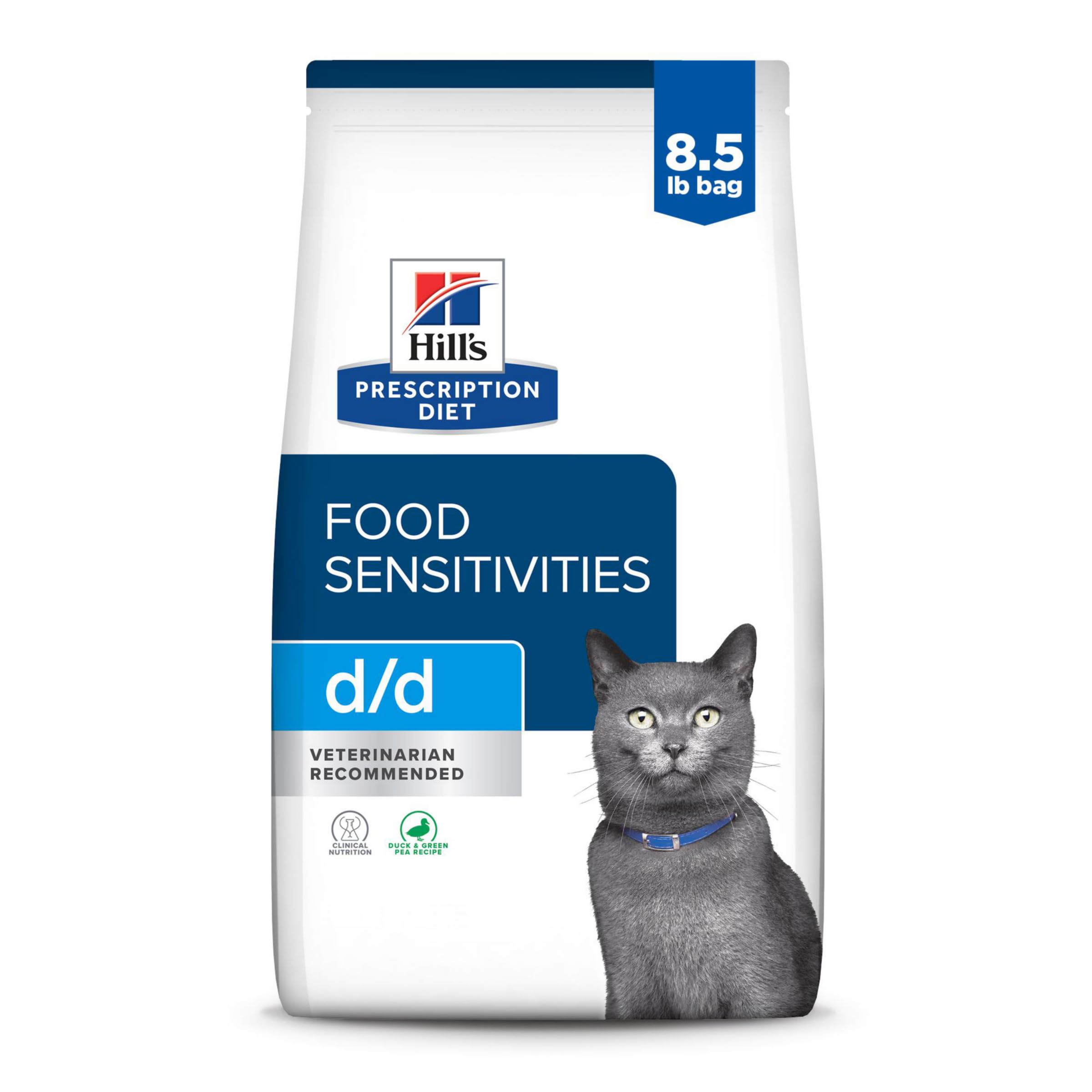 Hill's Prescription Diet d/d Duck & Green Pea Formula Dry Cat Food for Food Sensitivities - Veterinary Recommended Digestive Care Cat Food, 8.5 lb Bag - Perfect for Cats with Skin & Stomach Allergies