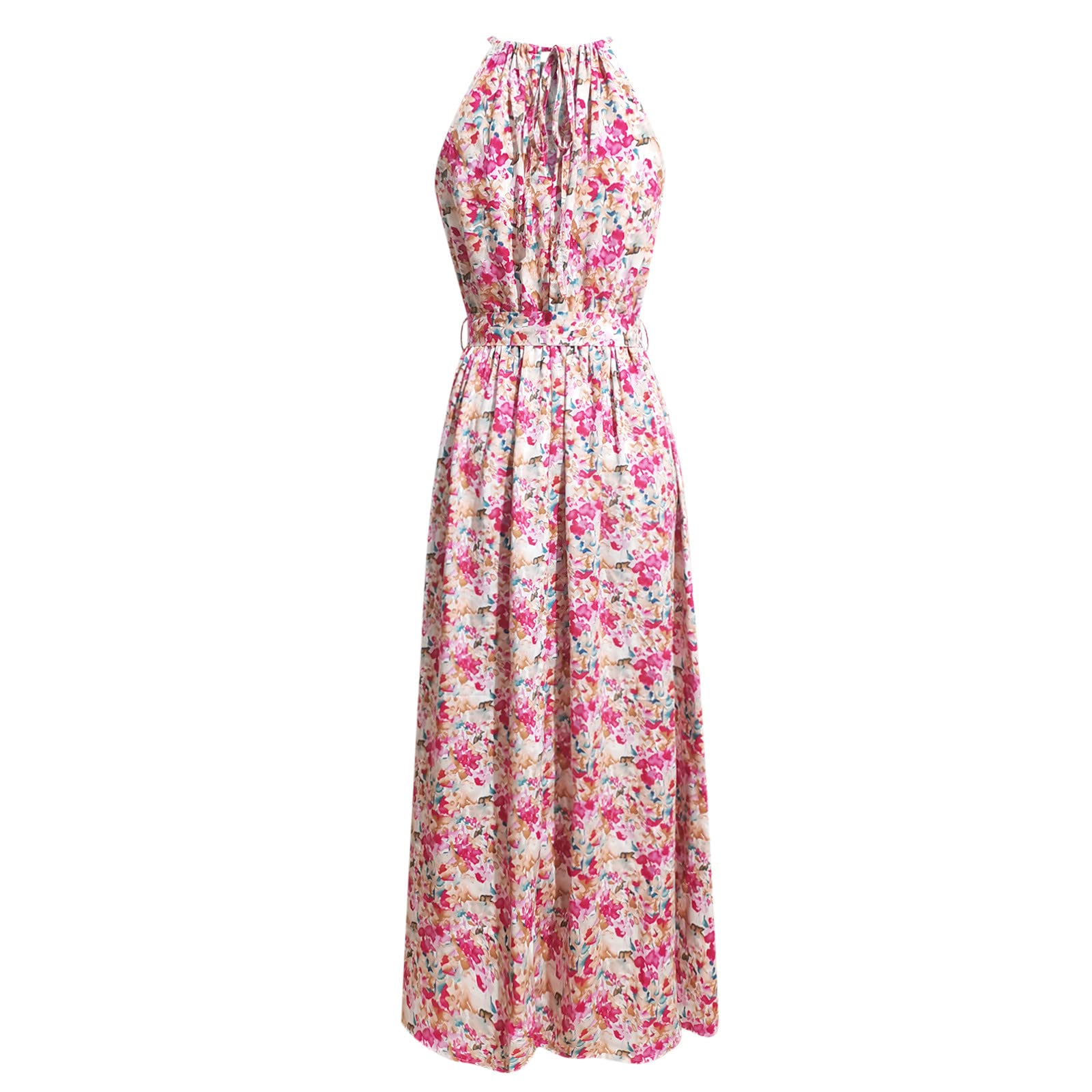 Women's Pink Floral Sleeveless Maxi Dress - Halter Neck Pleated Long Dress with Tie Waist & Flowy Hem | Perfect for Beach Vacations, Summer Parties & Casual Outings