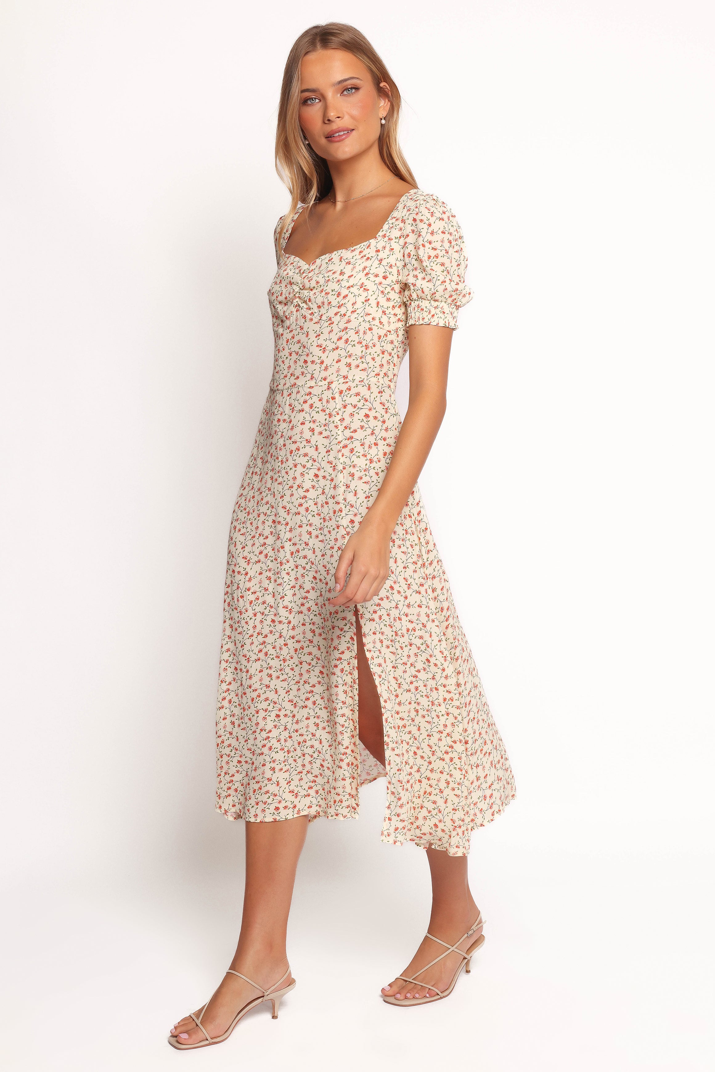 Franklin Dress - Cream Floral Print Summer Dress for Women, Elegant Flowy Midi Dress with Short Sleeves, Perfect for Beach Vacation, Wedding Guest, and Casual Outings